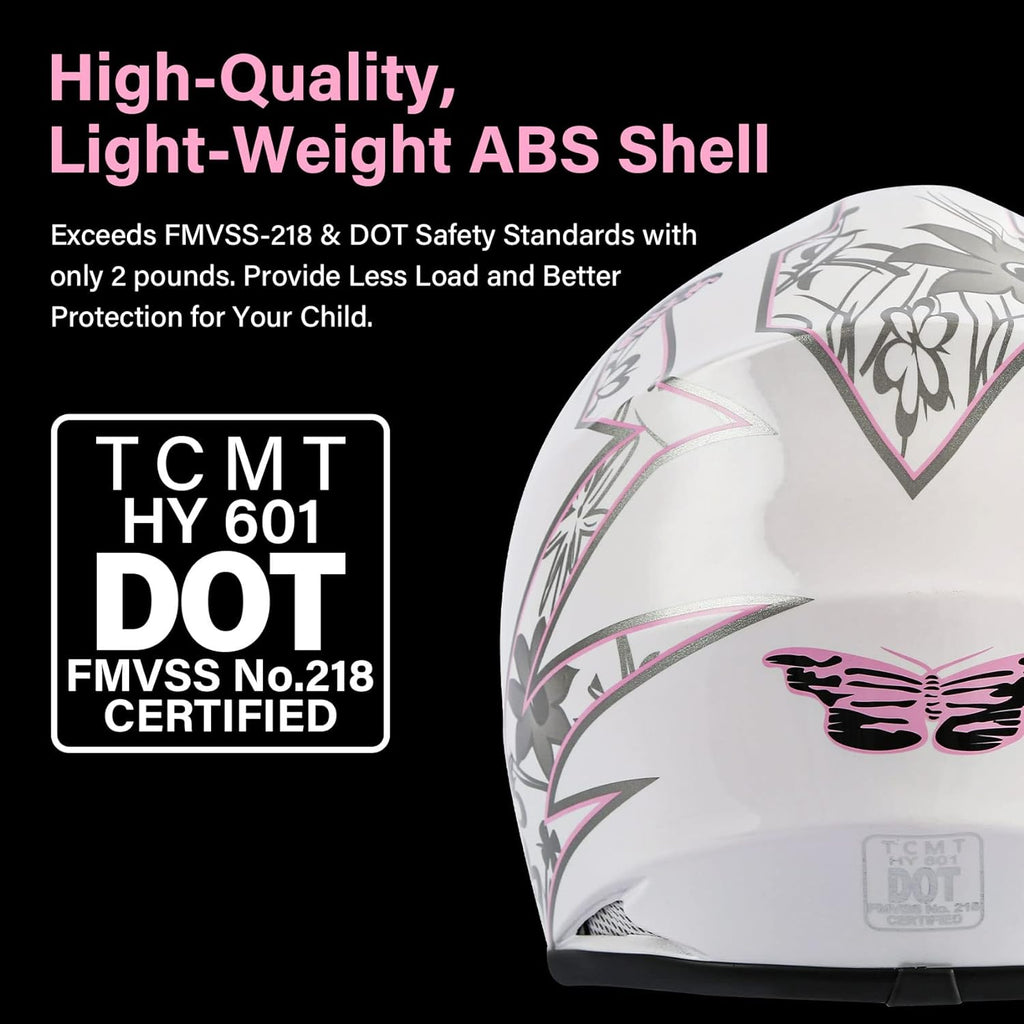SLMOTO Dot Youth Kids Helmet Motocross Offroad Street Helmet Motorcycle Helmet Dirt Bike Motocross ATV Pink Butterfly Design Helmet+Goggles+Gloves