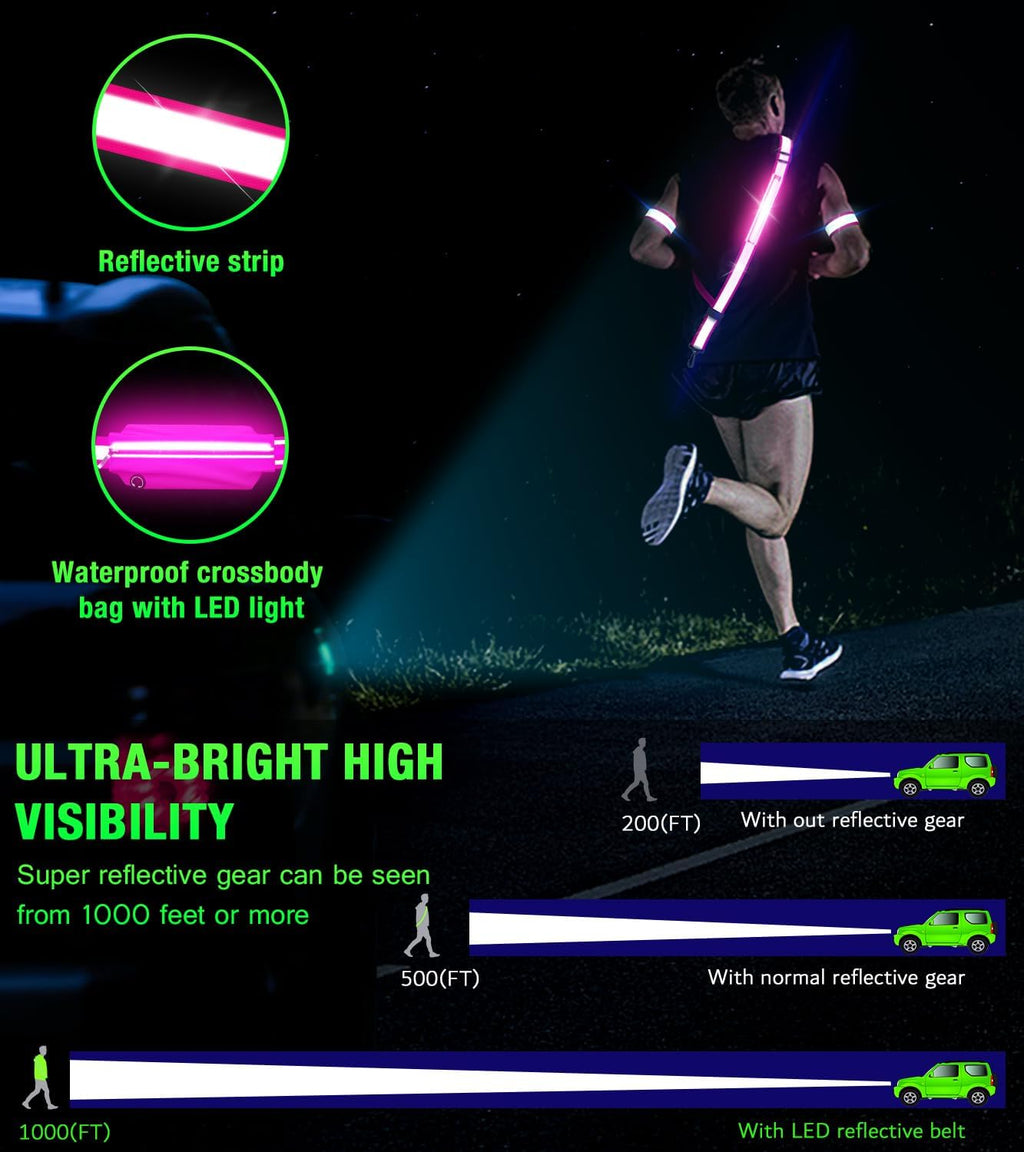 Ylzzrs LED Belt Reflective Sash for Walking at Night,High Visibility Adjustable Night Running Safety Gear,Light Up Running Belt Reflective Gear with Phone Bag/Armband for Runners Walkers Men Women