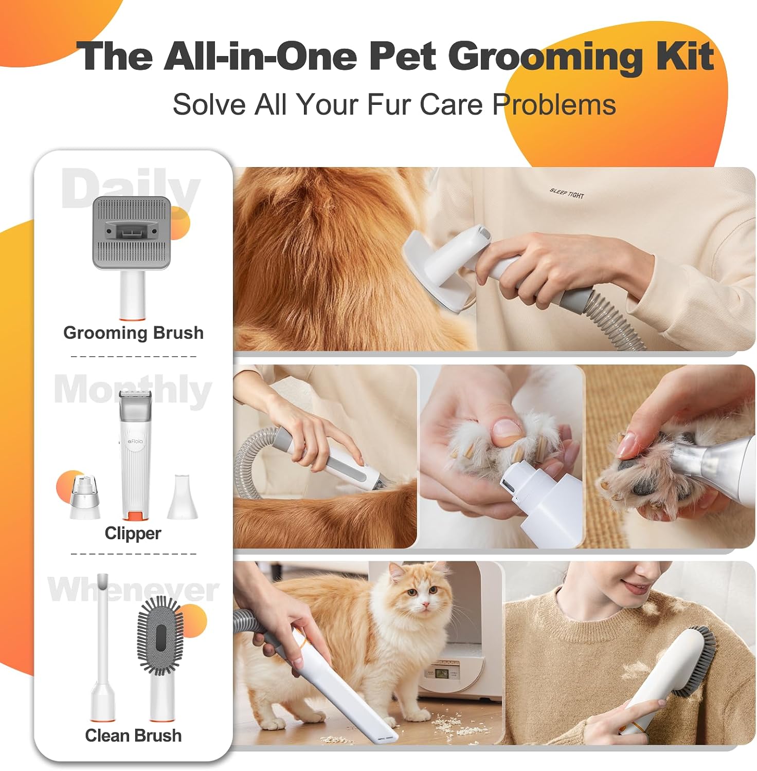 Afloia 6-in-1 Dog Grooming Vacuum Kit, Pet Clipper & Nail Grinder, White