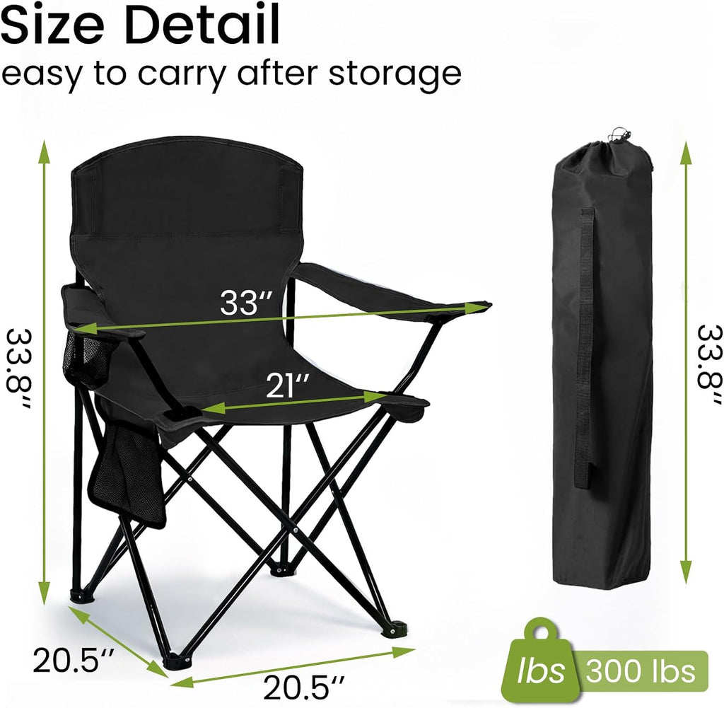 Folding Camping Chair with Cup Holder & Side Storage Bag 300lbs Capacity Lightweight High Back Portable for Beach, Picnic, Sport, Black