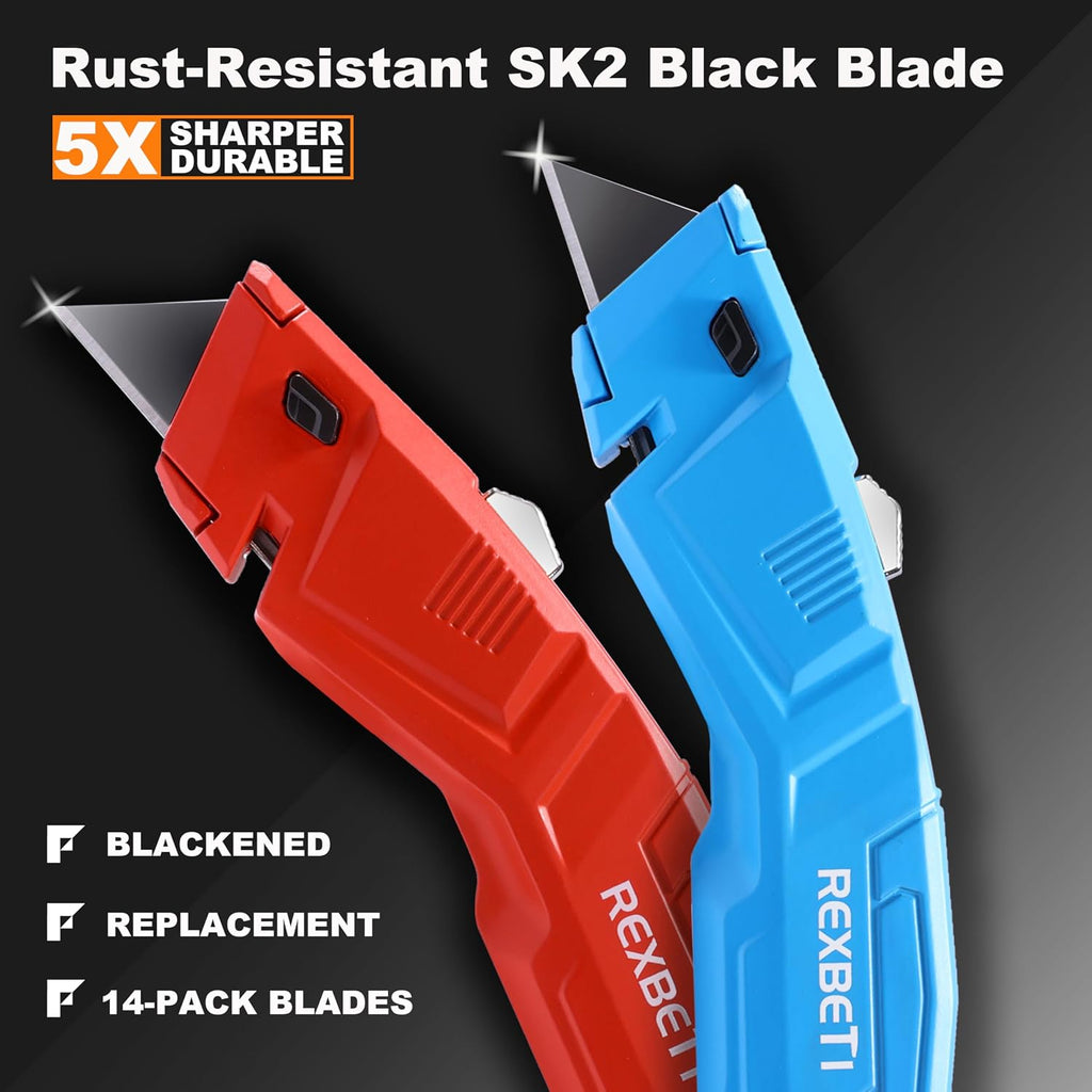 REXBETI 4-Pack 4-Color Box Cutter, Retractable Utility Knife, 14 SK2 Blades
