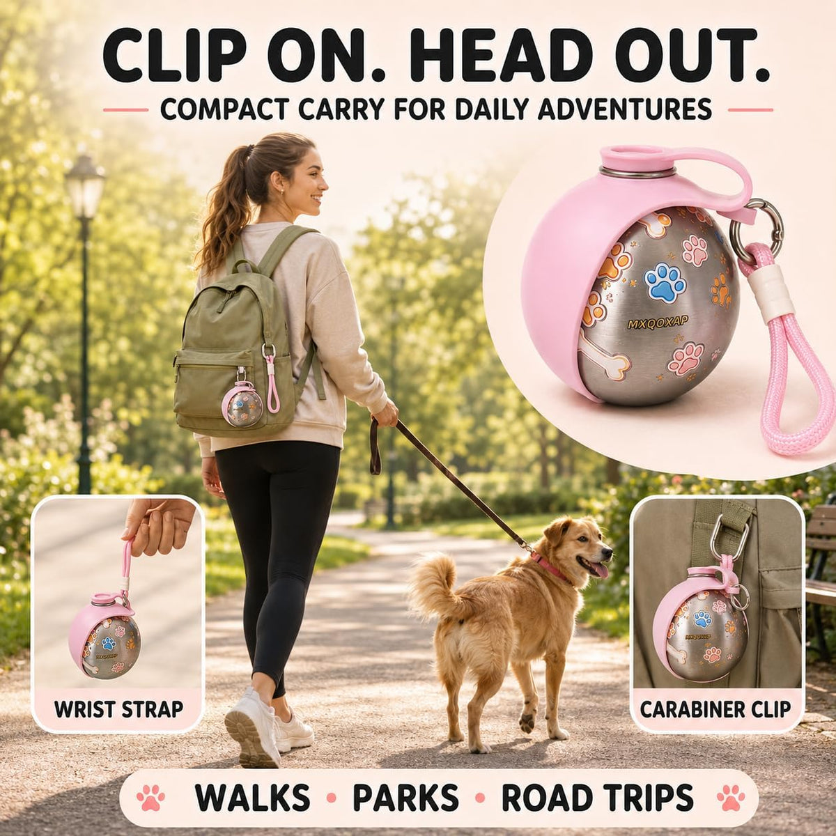 2026 New 2-in-1 Dog Water Bottle Portable, 10 Ounce Stainless Steel Dog Water Bottle, Travel Dog Water Bottle with Foldable Silicone Bowl and Water Reflux Design, Suitable for During Walks (Pink)