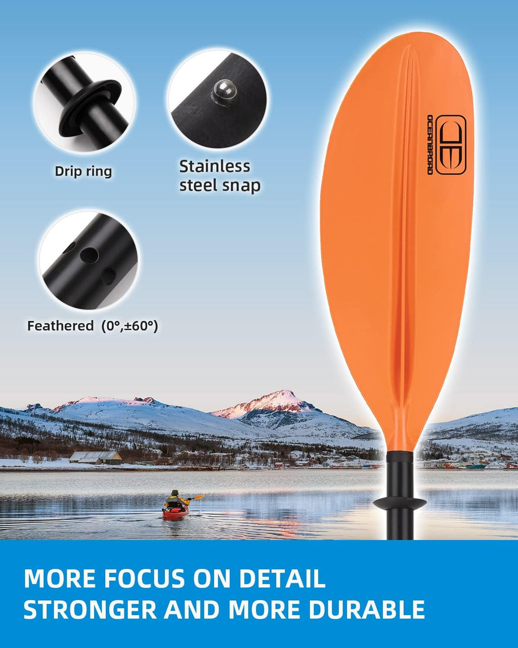 OCEANBROAD Kayak Paddle 86in/218cm, 90.5in/230cm, 95in/241cm Alloy Shaft Kayaking Boating Canoeing Oar with Paddle Leash