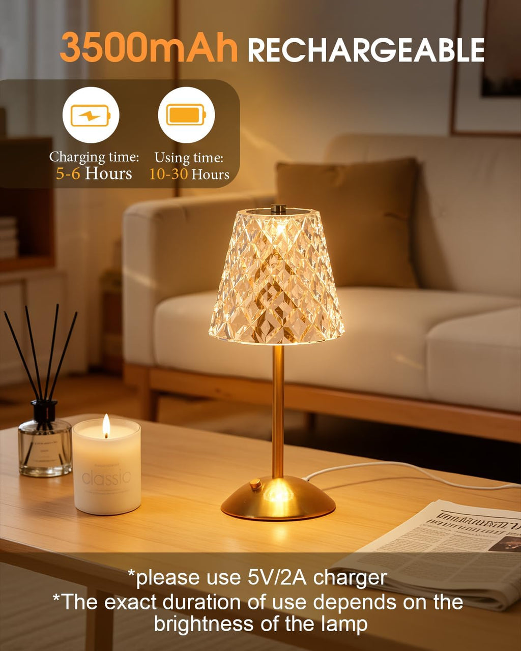 Nusogon Rechargeable Cordless Table Lamp, Gold Small Battery Powered Lamp