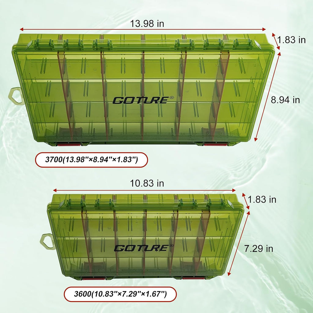 Goture Fishing Tackle Box Organizer - Transparent Fishing Organizer Box w/Measurement Ruler, Adjustable Dividers, Dual Latches | 2 Pcs 3700 Tackle Tray| Ergonomic Grip