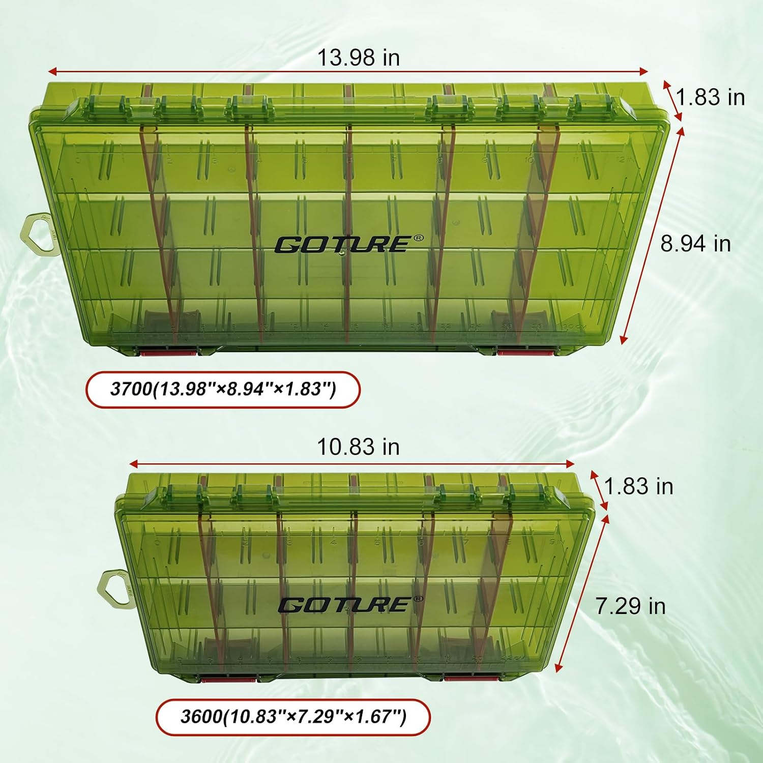 Goture Fishing Tackle Box Organizer - Transparent Fishing Organizer Box w/Measurement Ruler, Adjustable Dividers, Dual Latches | 2 Pcs 3700 Tackle Tray| Ergonomic Grip