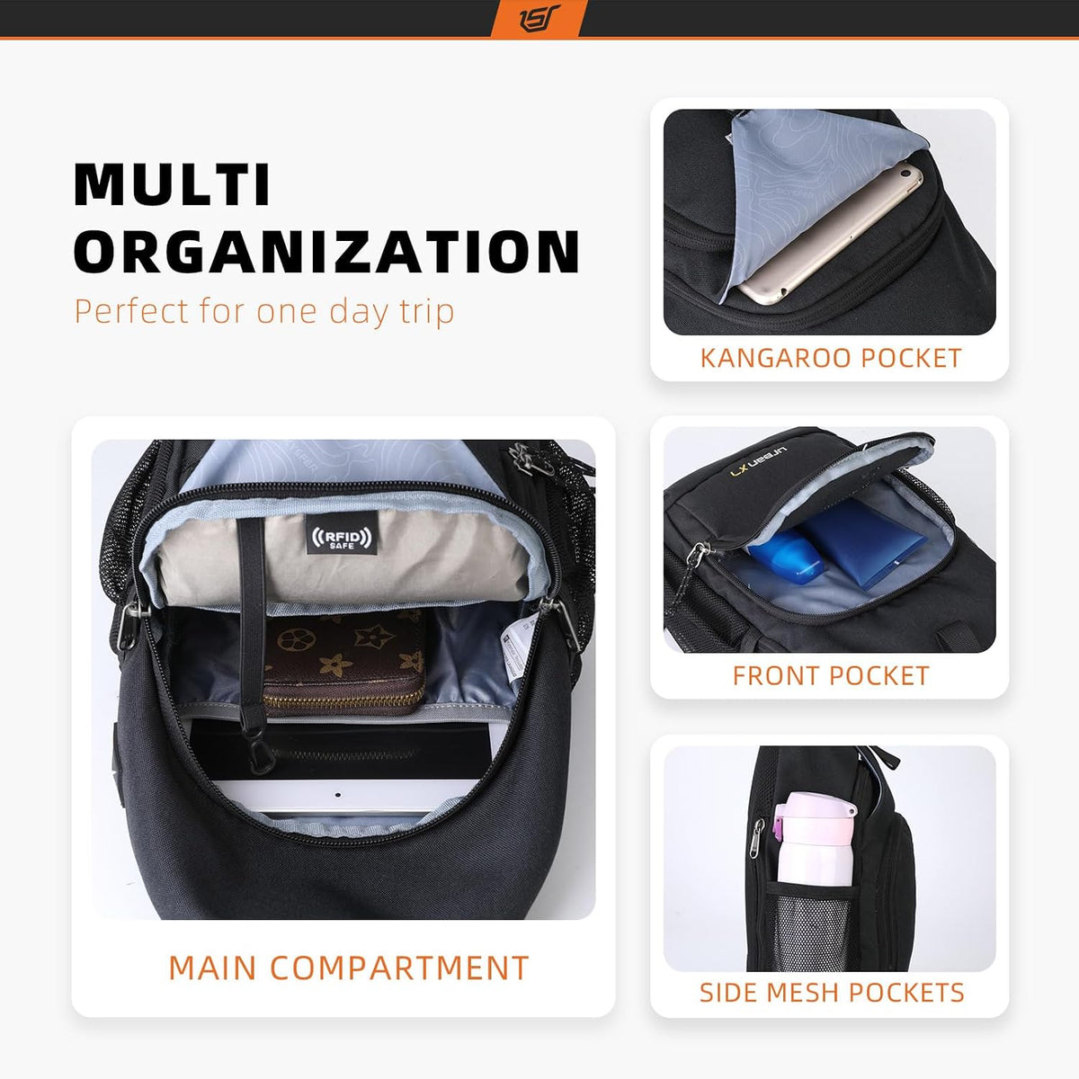 SKYSPER Sling Bag RFID Crossbody Sling Backpack Cross Body Shoulder Bag Travel Hiking Daypack for Women Men(Black)