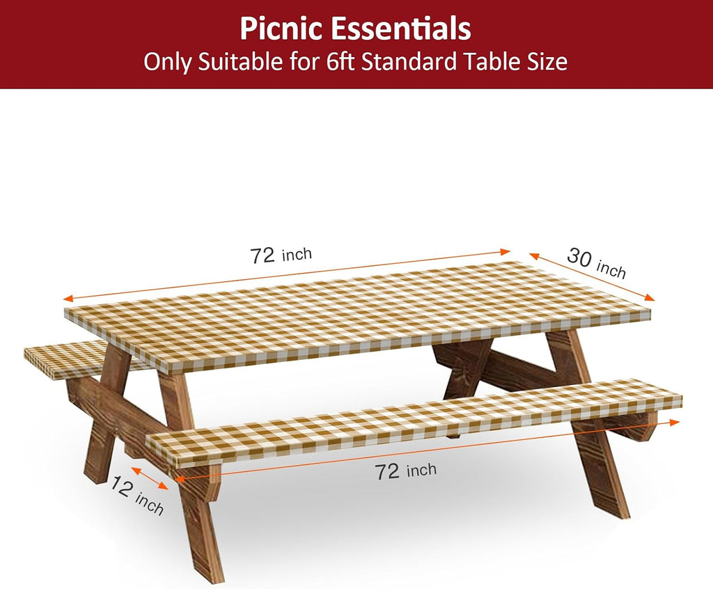 6ft 72in Picnic Table and Bench Cover, 3 Pack, Coffee Checkered