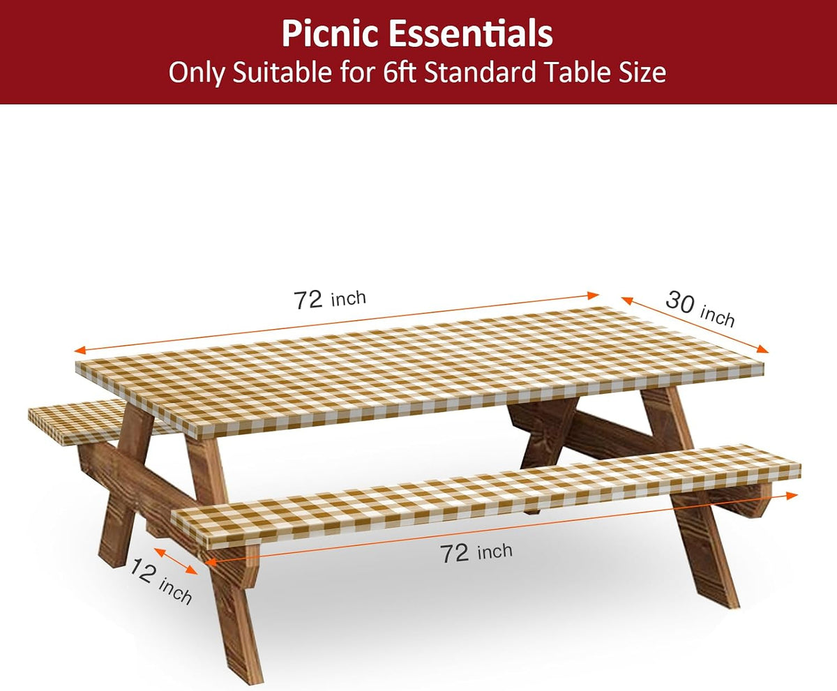 6ft 72in Picnic Table and Bench Cover, 3 Pack, Coffee Checkered