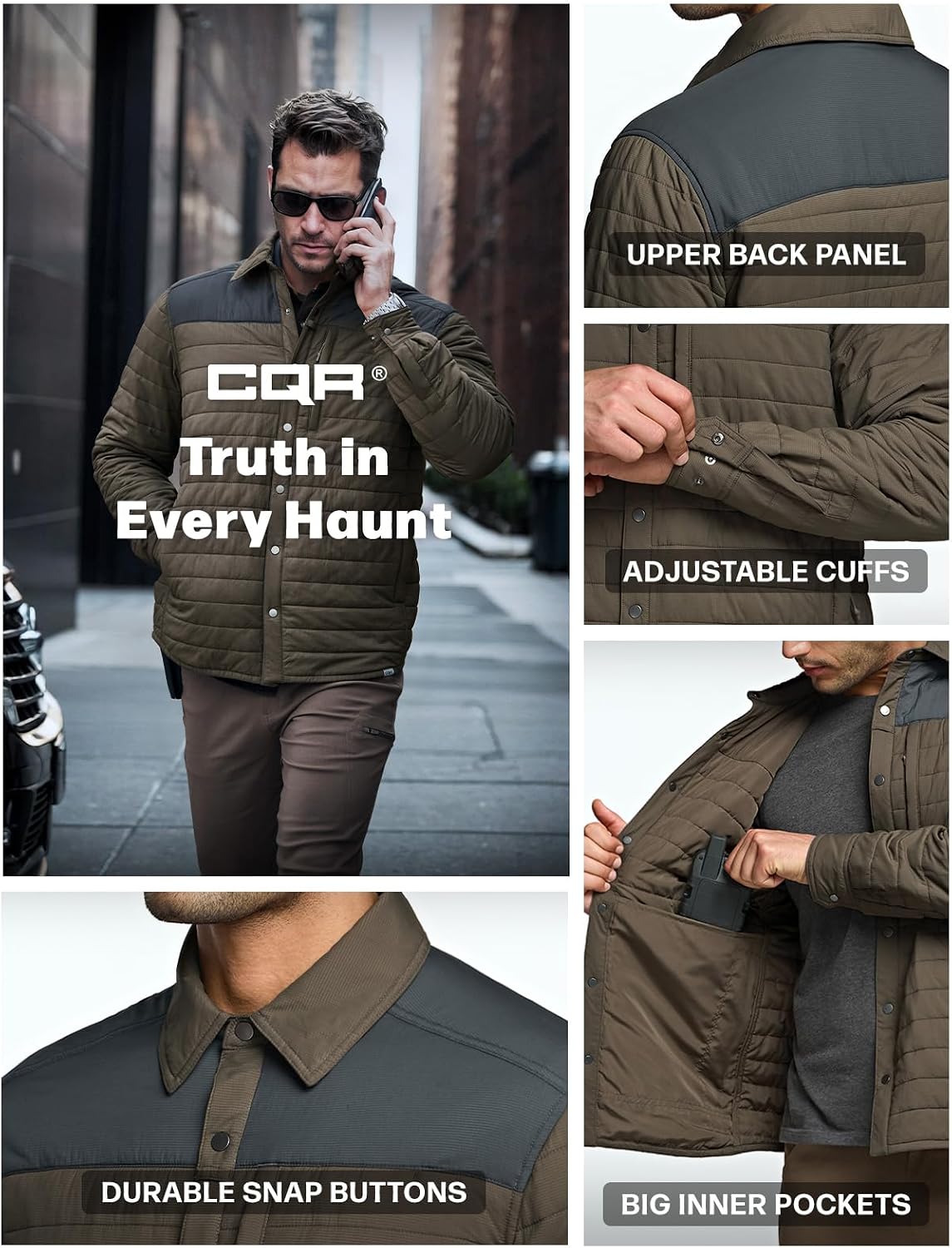 CQR Men's Lightweight Warm Insulated Jacket, Windproof Water Resistant Winter Active Coat for Hiking Work Outdoor Tactical