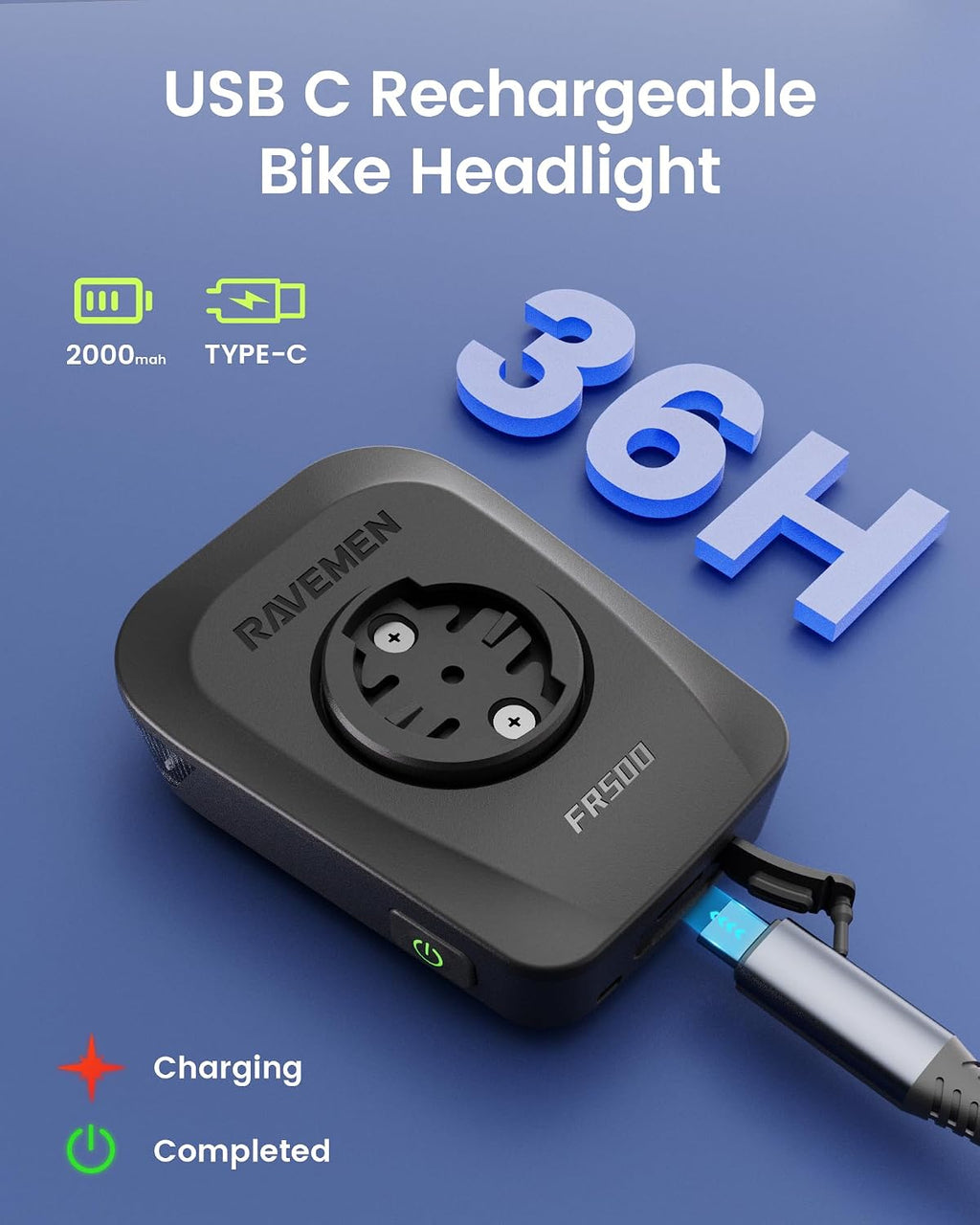 RAVEMEN FR1100 SE/FR500 Bike Headlight Compatible with Garmin/Wahoo Computers, 270° Wide-Angled Bicycle Front Light for Night Urban Riding & Daytime Warning, Auto On and Off, 6 Modes