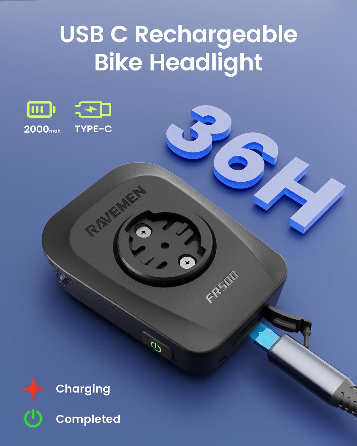 RAVEMEN FR1100 SE/FR500 Bike Headlight Compatible with Garmin/Wahoo Computers, 270° Wide-Angled Bicycle Front Light for Night Urban Riding & Daytime Warning, Auto On and Off, 6 Modes