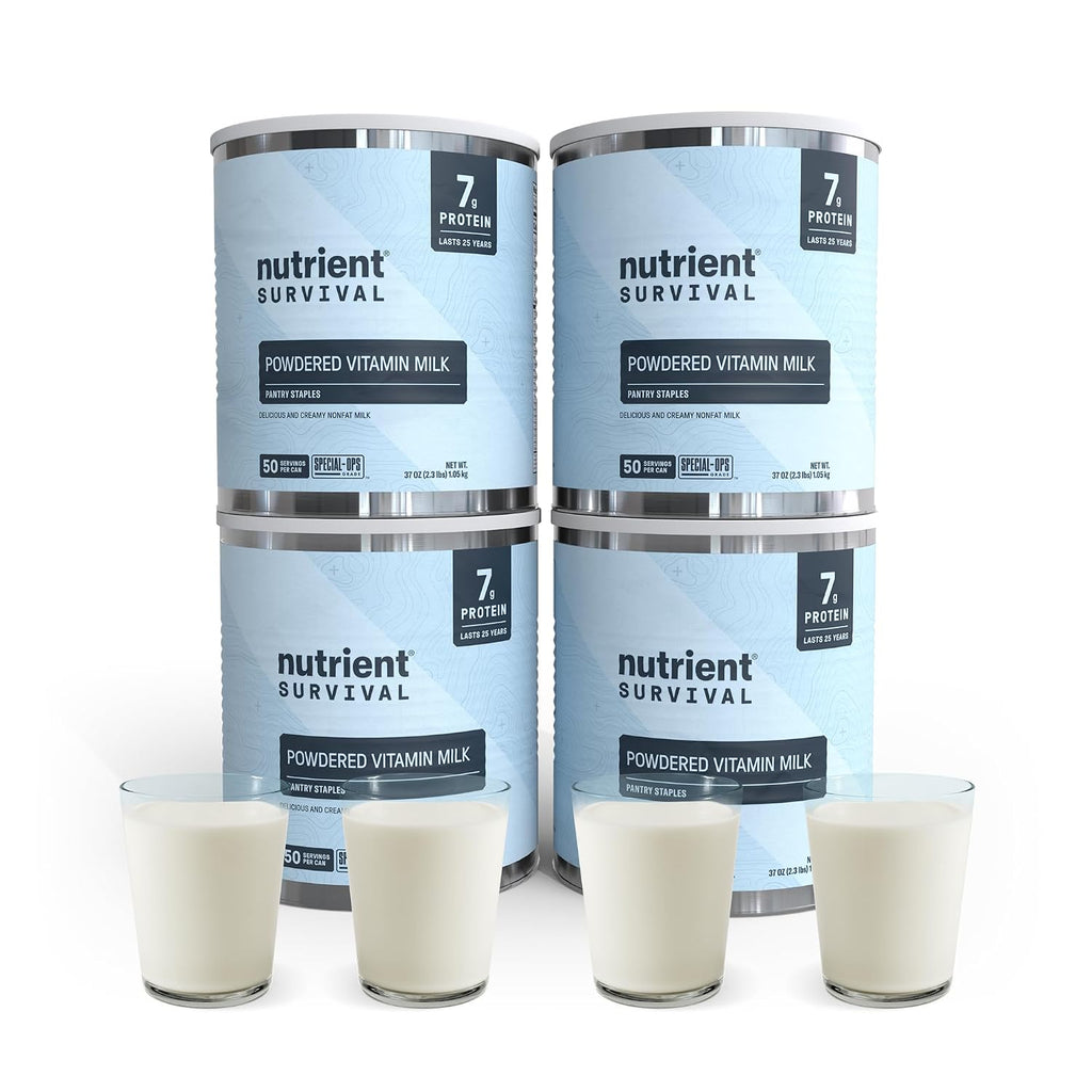 Nutrient Survival Vitamin Powdered Milk (4 Cans, 200 Servings), Freeze Dried Prepper Supplies & Emergency Food Supply, 21 Essential Nutrients, Soy & Gluten Free, Shelf Stable Up to 25 Years