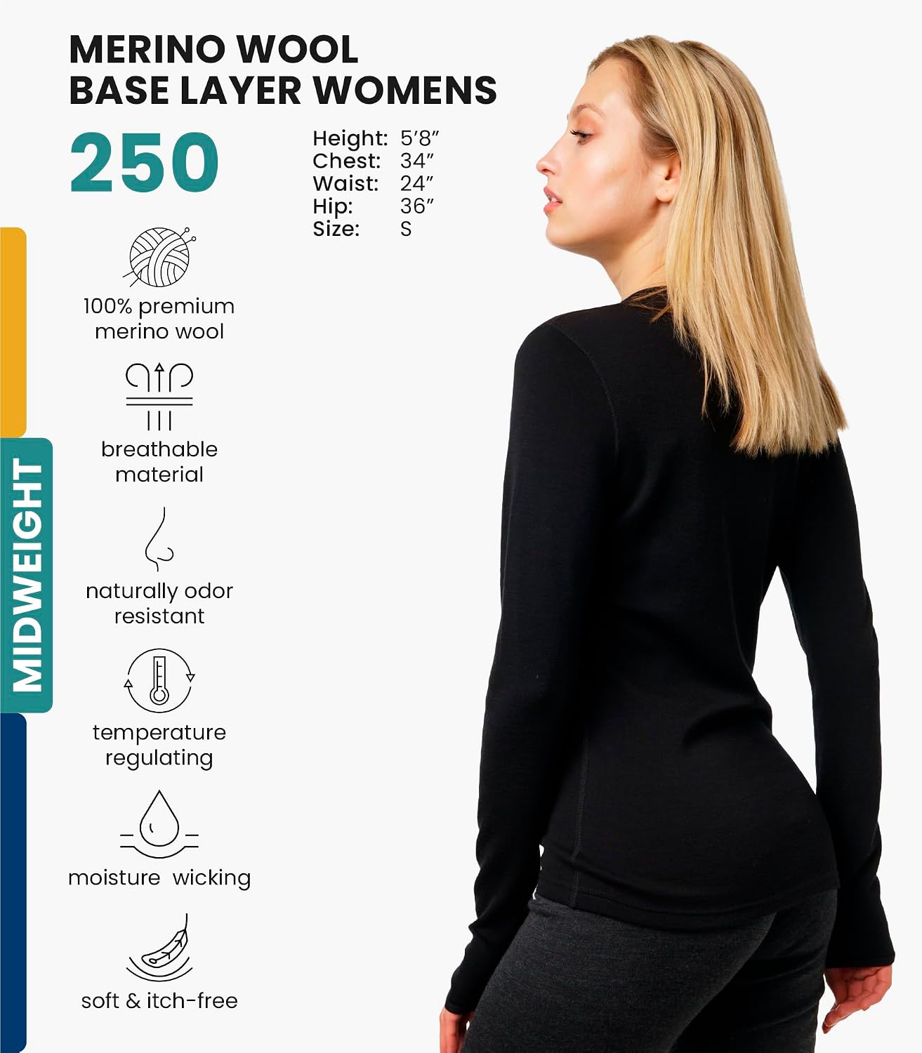 100% Merino Wool Base Layer Women - Long Sleeve Thermal Shirt with Socks