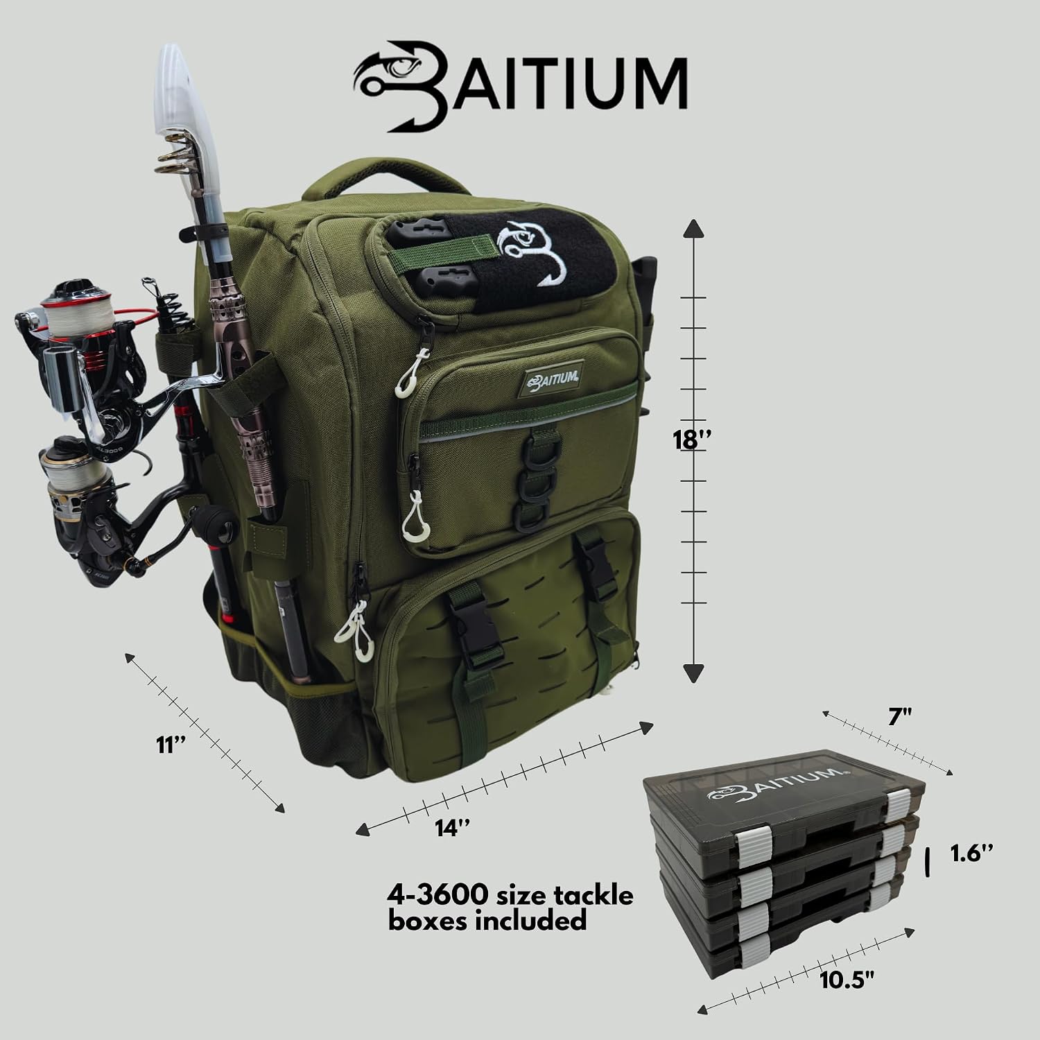 Baitium Fishing Backpack, Tackle Bag With Rod Holders, 40L Capacity With Cooler, Rain Cover, Insulated Pocket, 4 Tackle Trays Included- (Green)