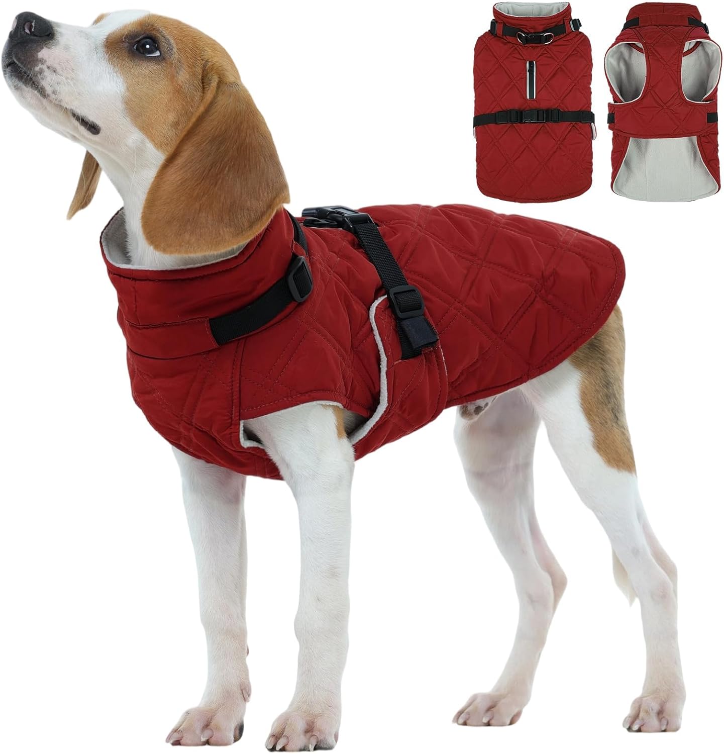 Kuoser Dog Coat Warm Fleece Lining Turtleneck Dog Jacket with Harness Built-in, Adjustable Windproof Cold Weather Coats with Quick Release Buckle Pet Winter Snowsuit for Medium Large Dogs, Red L