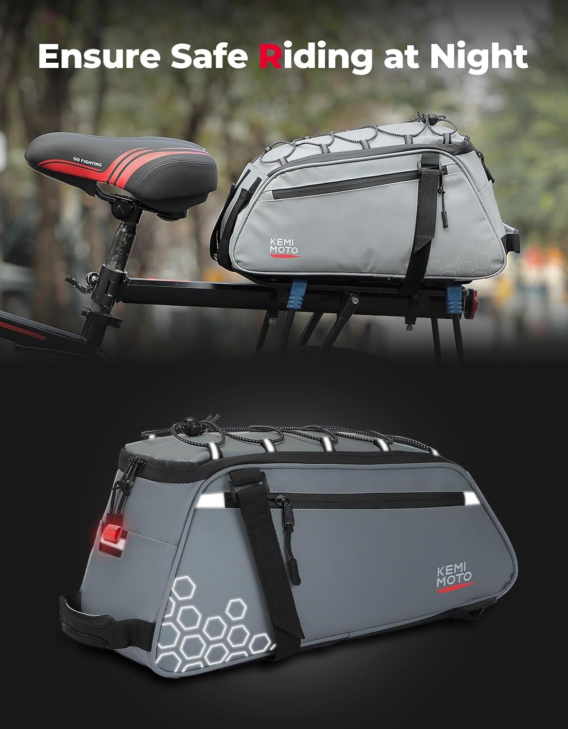 KEMIMOTO 3-in-1 Rear Bike Bag, 11L Convertible Backpack/Shoulder Bag, Gery