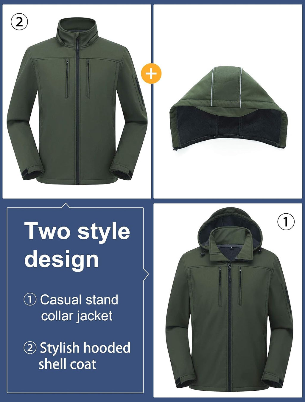 CREATMO US Men's Softshell Military Jacket With Removable Hood, Fleece Lined and Water Repellent Outdoor Reflective Coat