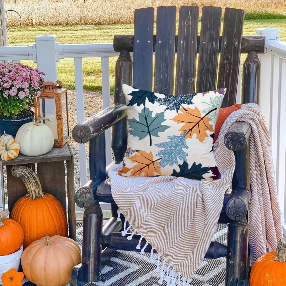 Fall Pillow Covers 18x18 Set of 2,Blue Maple Leaves Outdoor Thanksgiving