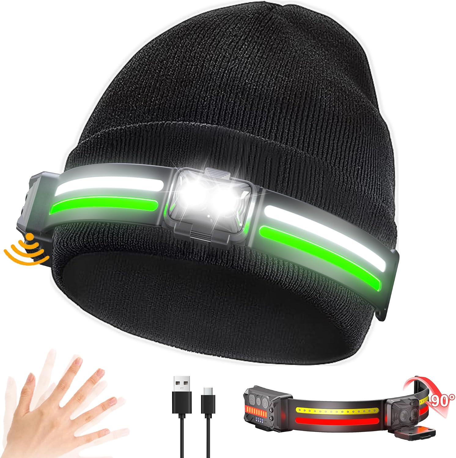 EGUKU Rechargeable Headlamp Beanie, 1200Lumens Bright Beanie with Light, 260°Wide Beam Unisex Hat Headlamp 11 Lighting Modes, Hat with Red&Green Light 5oz Lightweight for Women Men