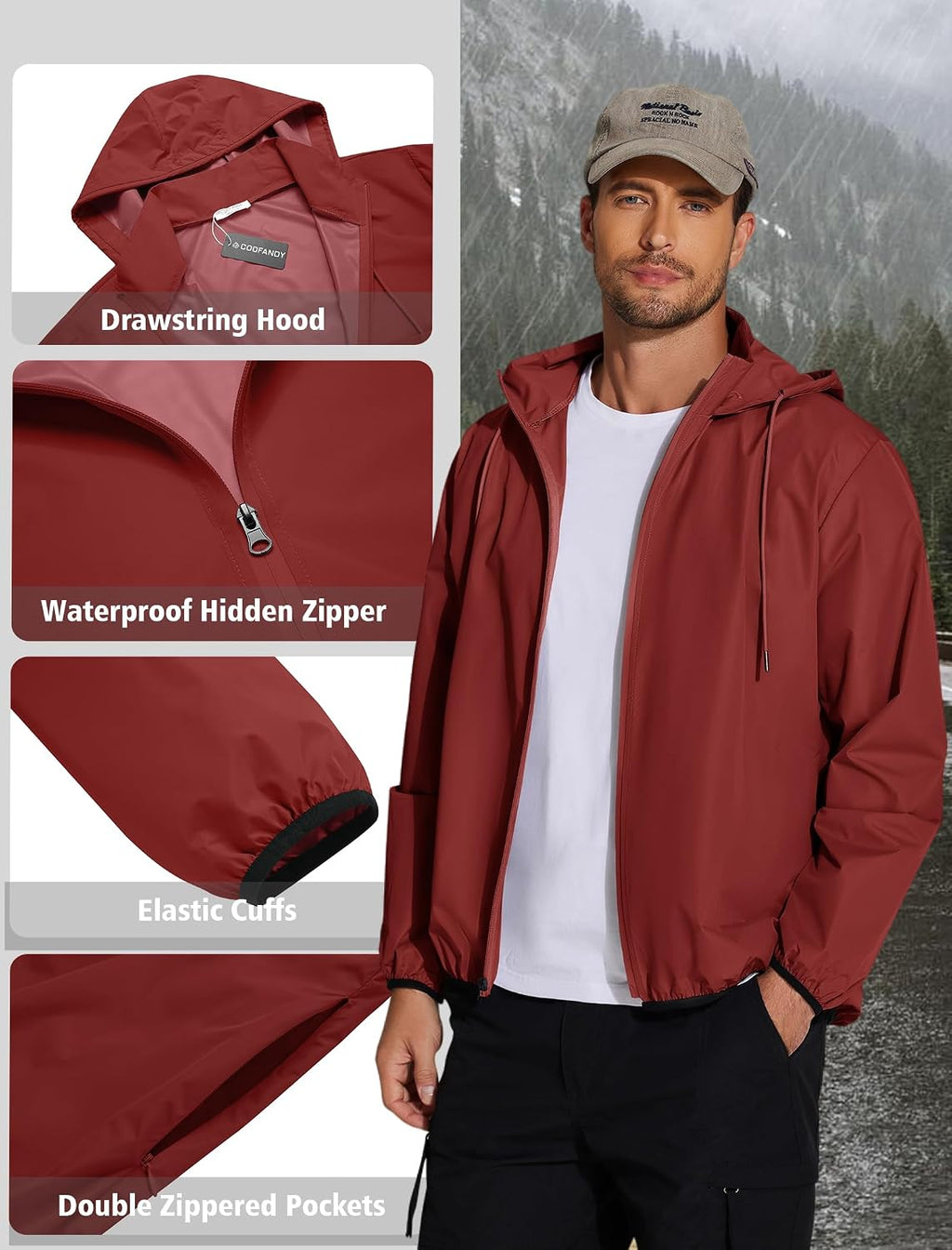 COOFANDY Men's Light Rain Jacket Packable Waterproof Raincoat Windbreaker