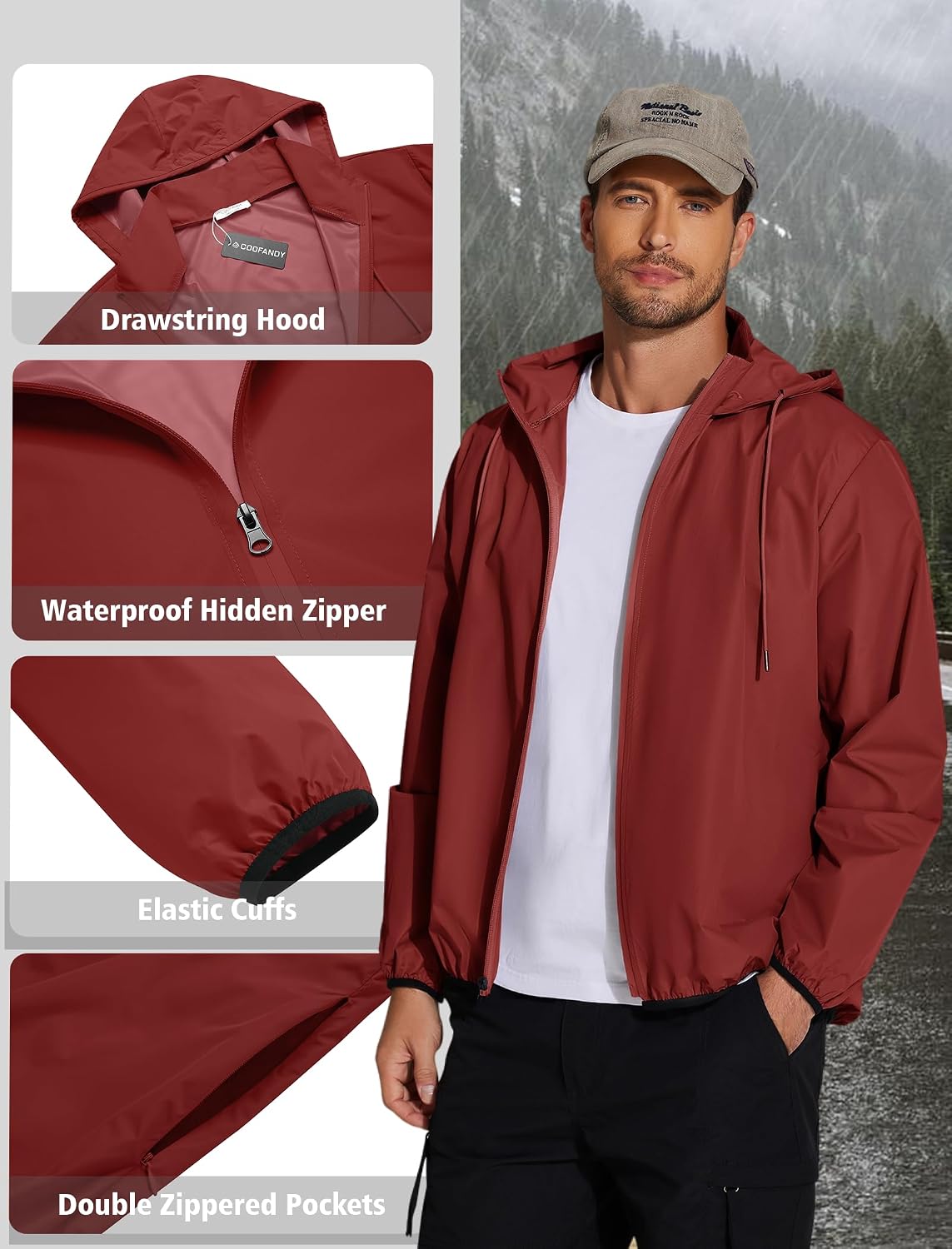 COOFANDY Men's Light Rain Jacket Packable Waterproof Raincoat Windbreaker