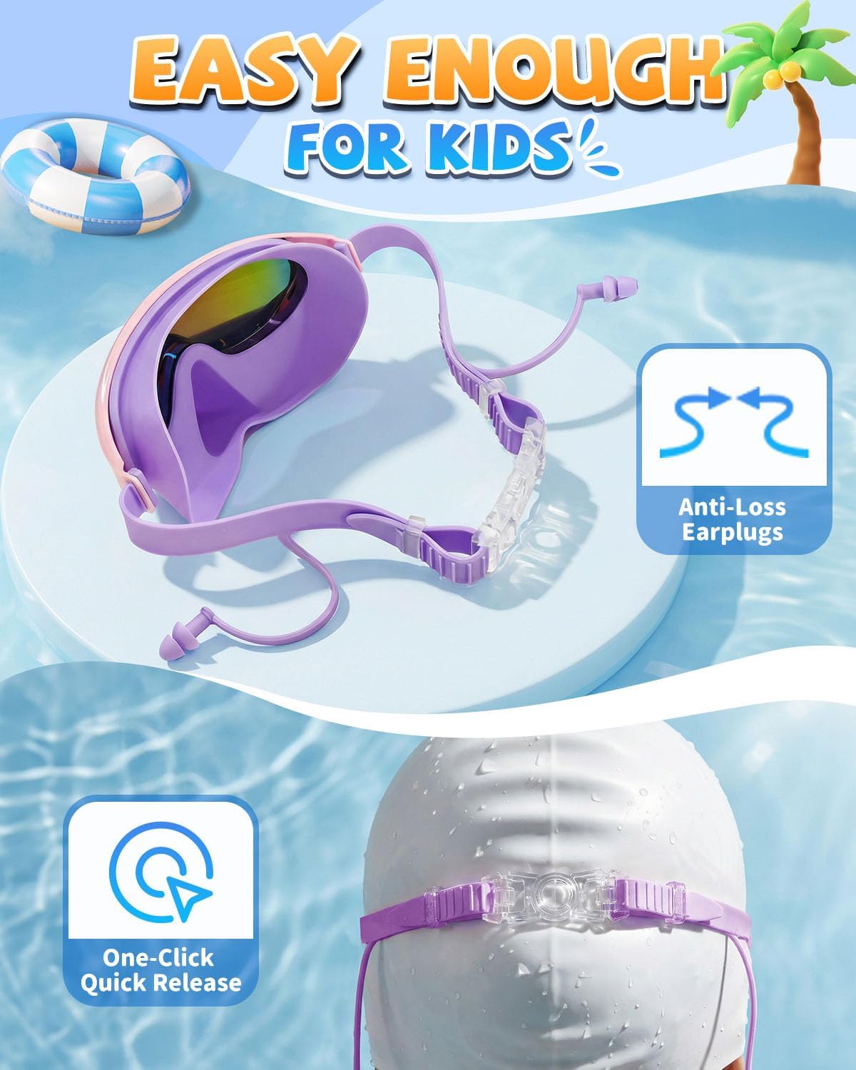 Zoomsnail Kids Swim Goggles with Nose Cover, Leakproof Anti-fog UV Lens Toddlers Swimming Goggles for Kids 3-15 Boys & Girls