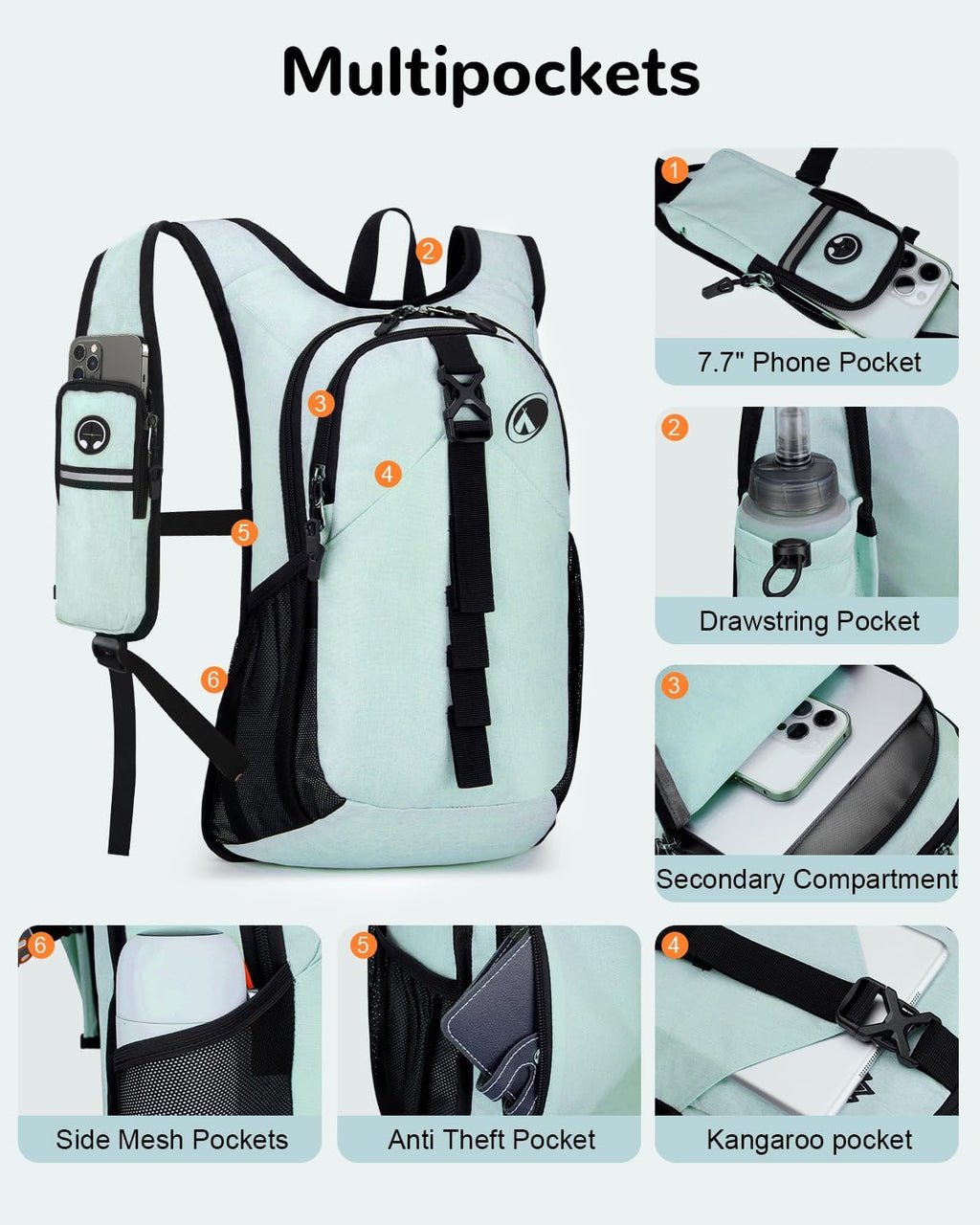 Folding Hiking Backpack with Phone Pocket for Men Women, Small Ultralight Packable Casual Daypack with Shoulder Chest Straps for Travel, 15L Foldable Lightweight Day Pack, Green