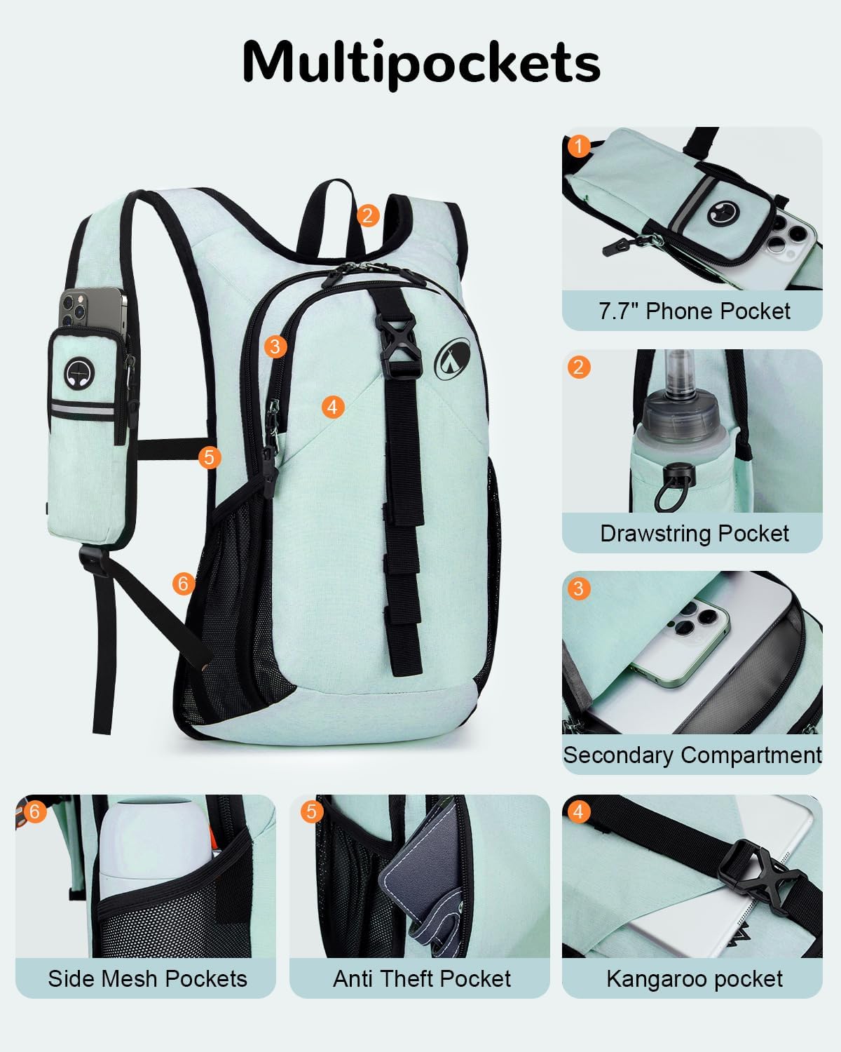 Folding Hiking Backpack with Phone Pocket for Men Women, Small Ultralight Packable Casual Daypack with Shoulder Chest Straps for Travel, 15L Foldable Lightweight Day Pack, Green