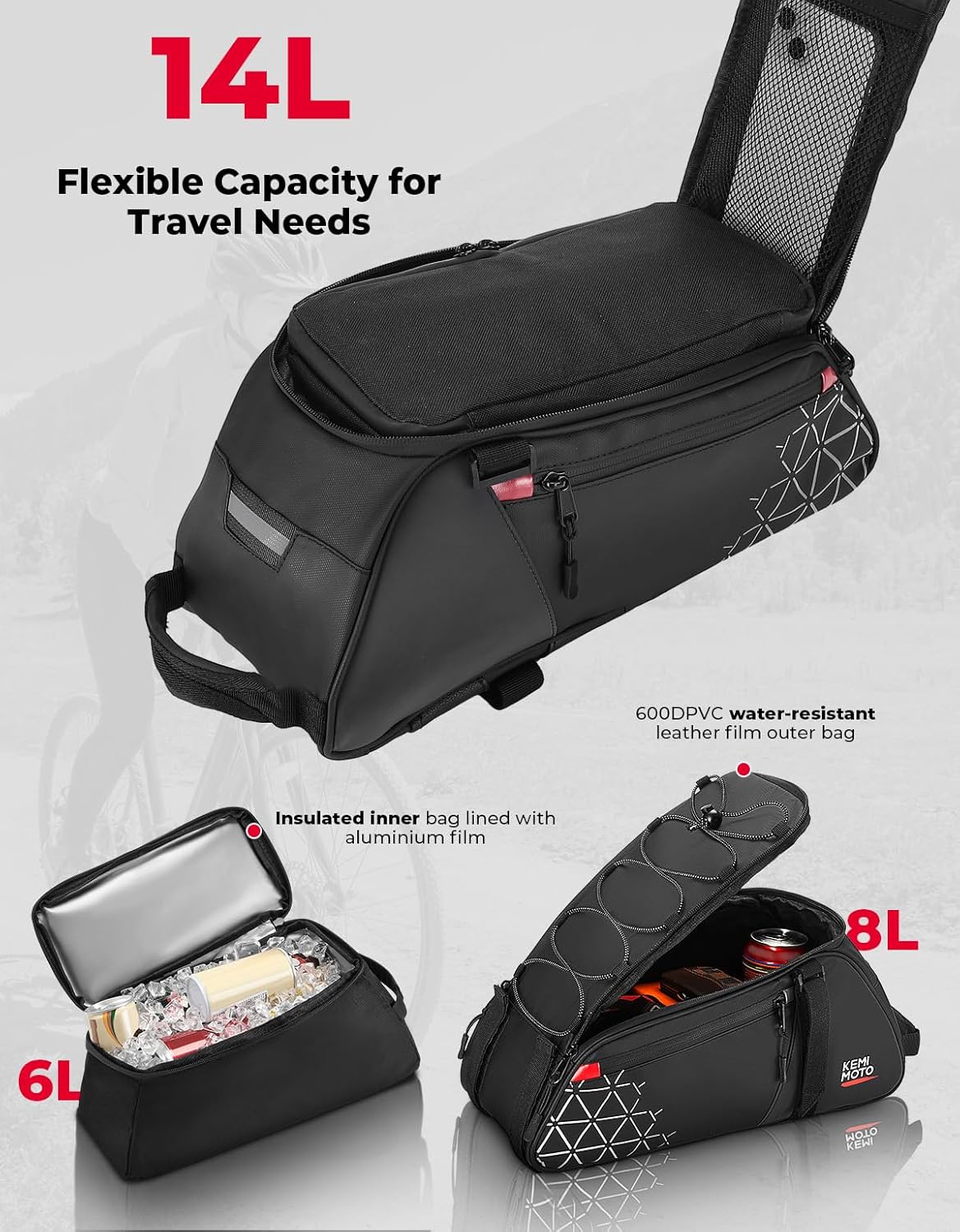 KEMIMOTO 8L Bike Rear Rack Bag, with 6L Removable Cooler Pouch