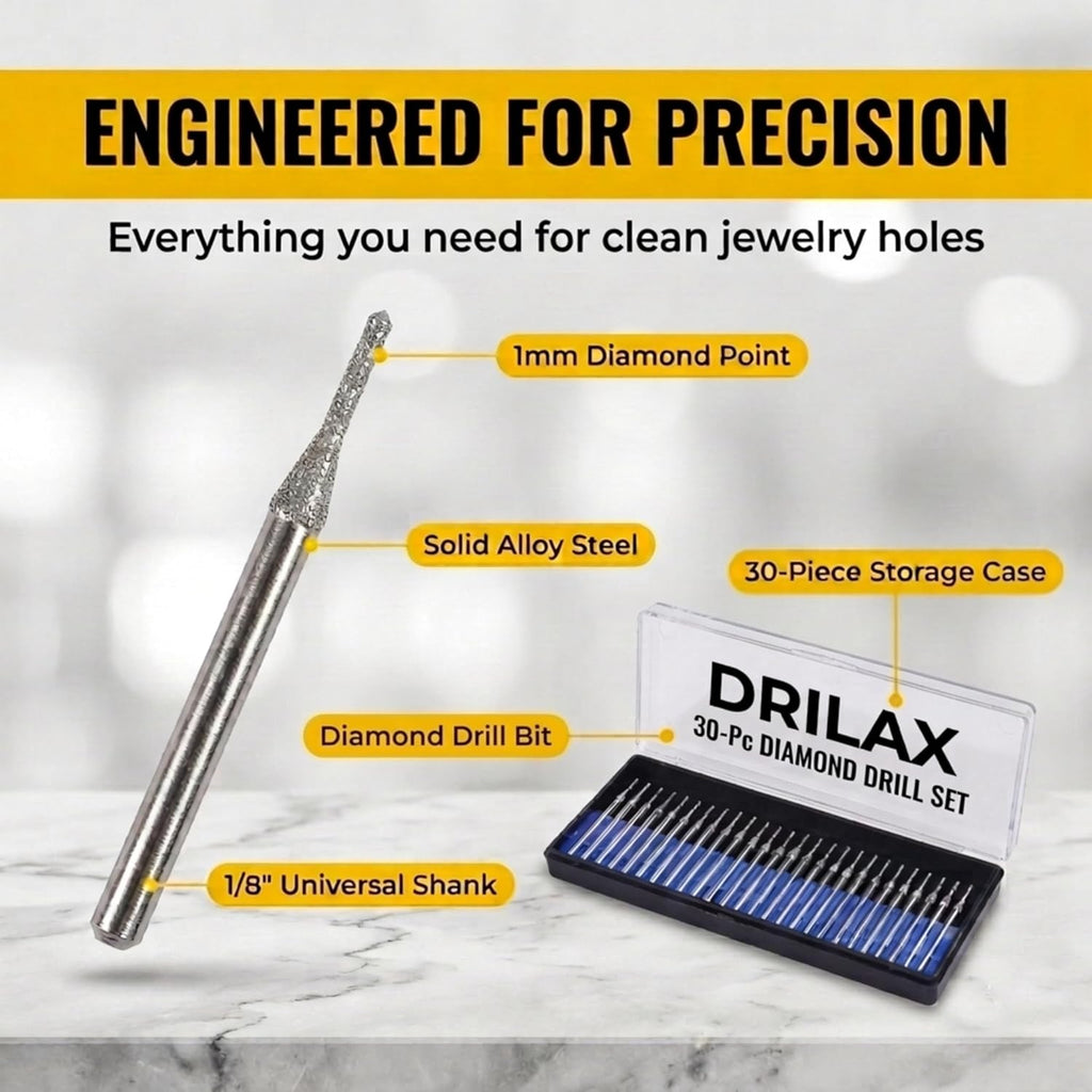 Drilax 30-Piece 1mm Diamond Drill Bits Set – 1/8 Shank Compatible with Dremel Rotary Tools – Precision Diamond Dremel Bits for Jewelry Making, Stone, Glass, Ceramic, Sea Glass, & Gemstones