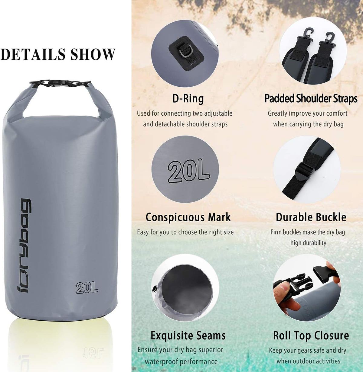 IDRYBAG Dry Bag for Kayaking Waterproof 2L/5L/10L/15L/20L, Small Dry Sack Waterproof Bag for Boating