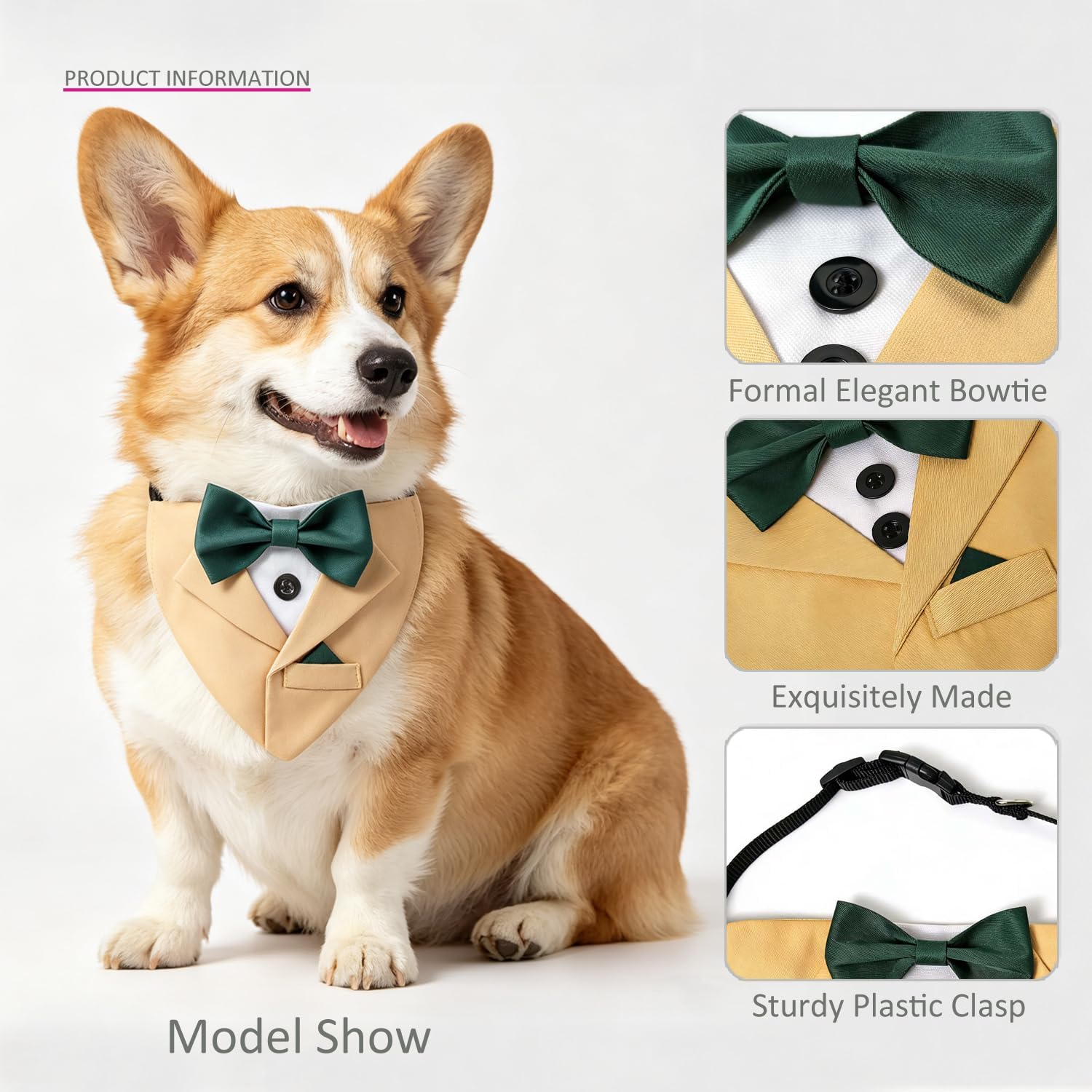 Yellow Dog Bandana with Green Bowtie, Formal Dog Collar Costume, Tuxedo Dog Collar for Wedding Engagement and Birthday (L)