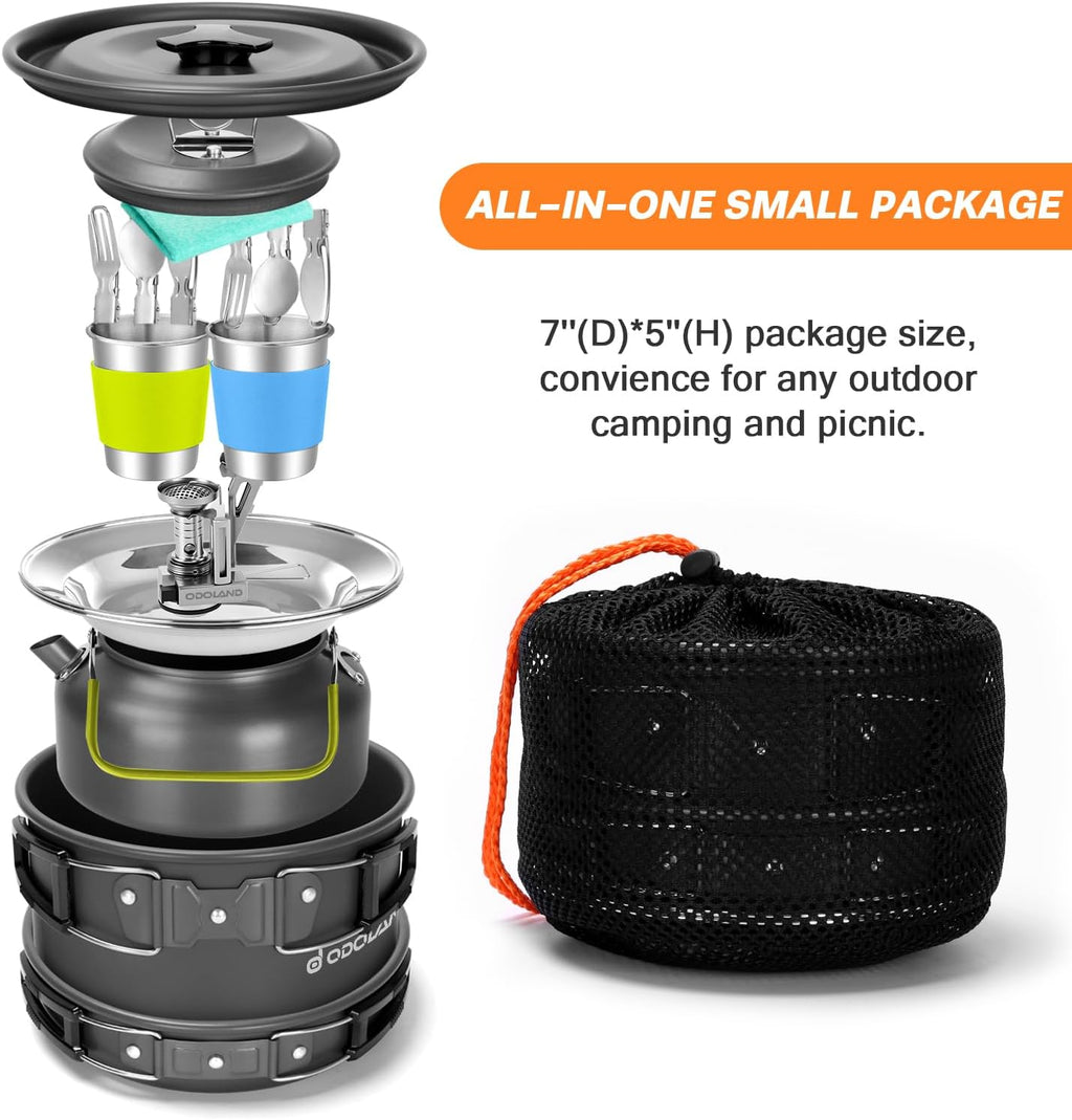 Odoland 16pcs Camping Cookware Mess Kit, with Folding Camping Stove