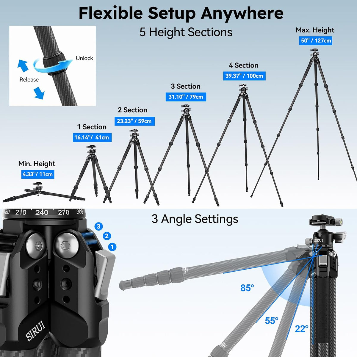 SIRUI 50"/127cm Carbon Fiber Travel Tripod with Quick Release Plate