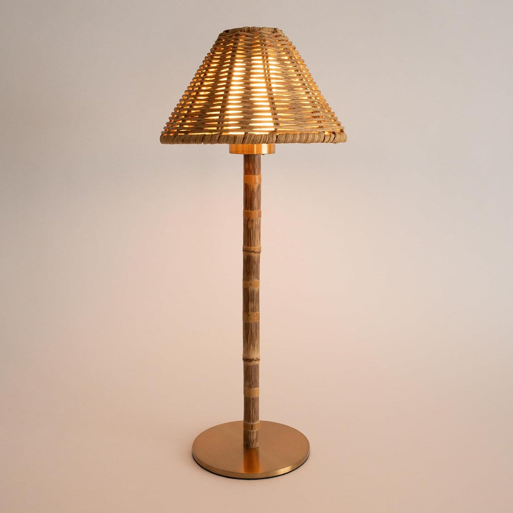 Bamboo Cordless LED Table Lamp – Rechargeable 24-Hour Battery, Dimmable Warm Light, Portable Wireless Lamp with Remote for Indoor/Outdoor Use, Home, Patio, Restaurant – (NATURAL RATTAN), 14.95" Tall