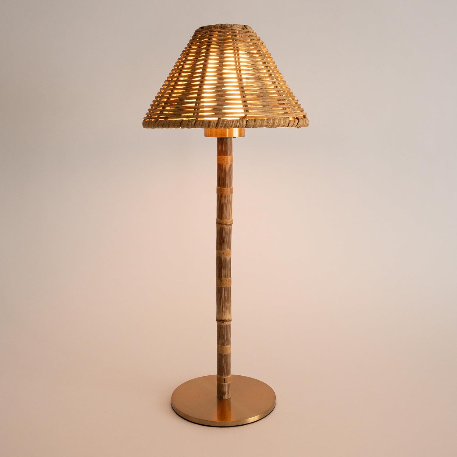 Bamboo Cordless LED Table Lamp – Rechargeable 24-Hour Battery, Dimmable Warm Light, Portable Wireless Lamp with Remote for Indoor/Outdoor Use, Home, Patio, Restaurant – (NATURAL RATTAN), 14.95" Tall