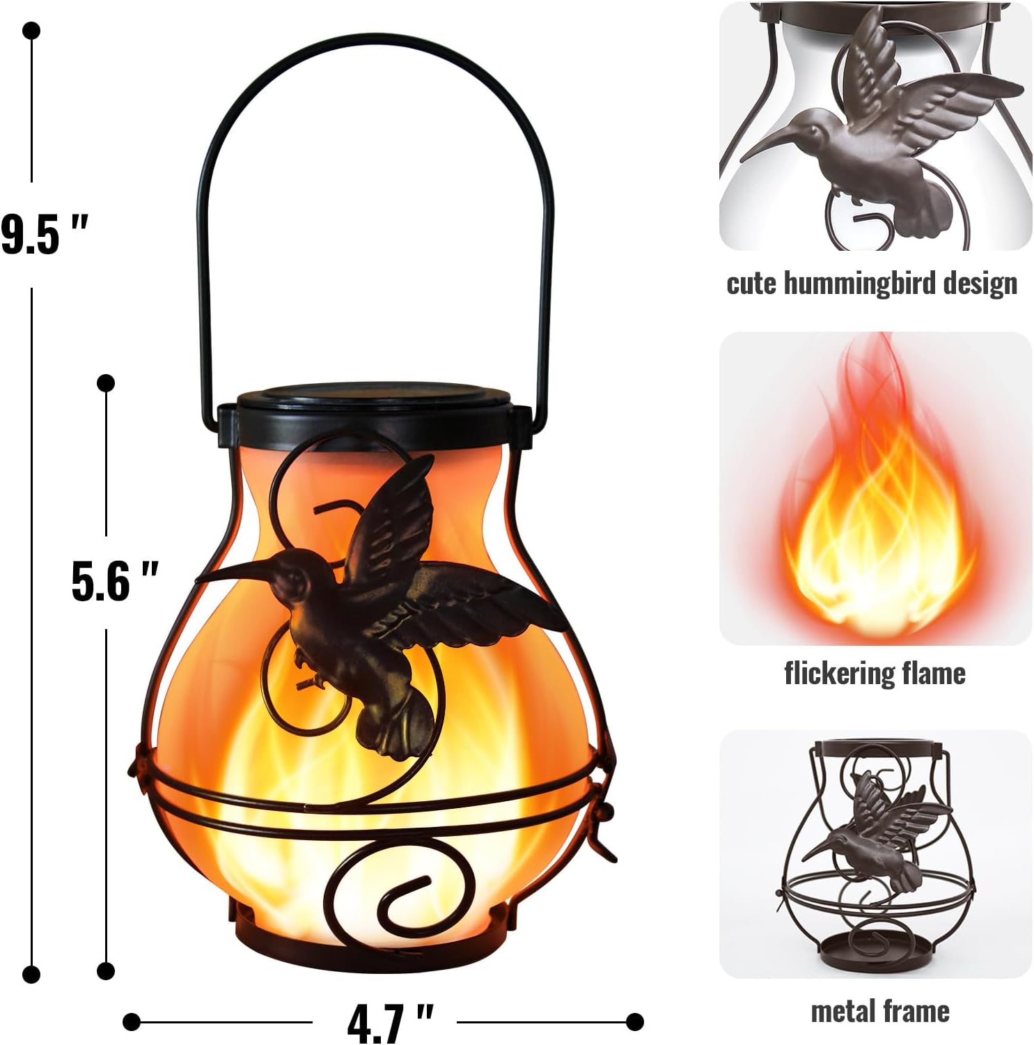 2 Pack Solar Lanterns Outdoor Waterproof Flickering Flame Lights Hummingbird Metal Hanging Solar Lantern Patio Porch Garden Decoration