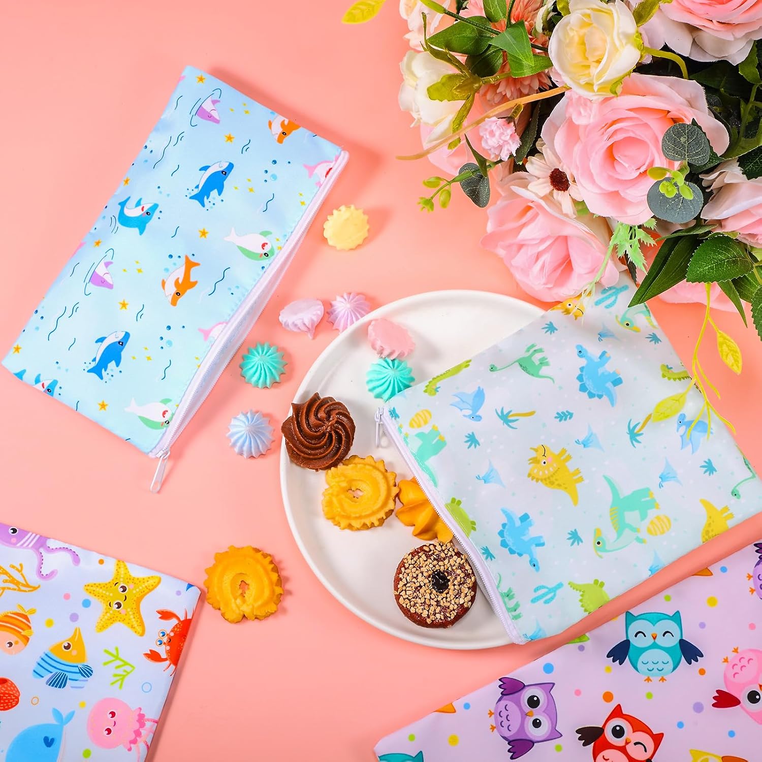Paterr 4 Pcs Reusable Snack Bags for Kids, Washable Sandwich Bags,Starfish