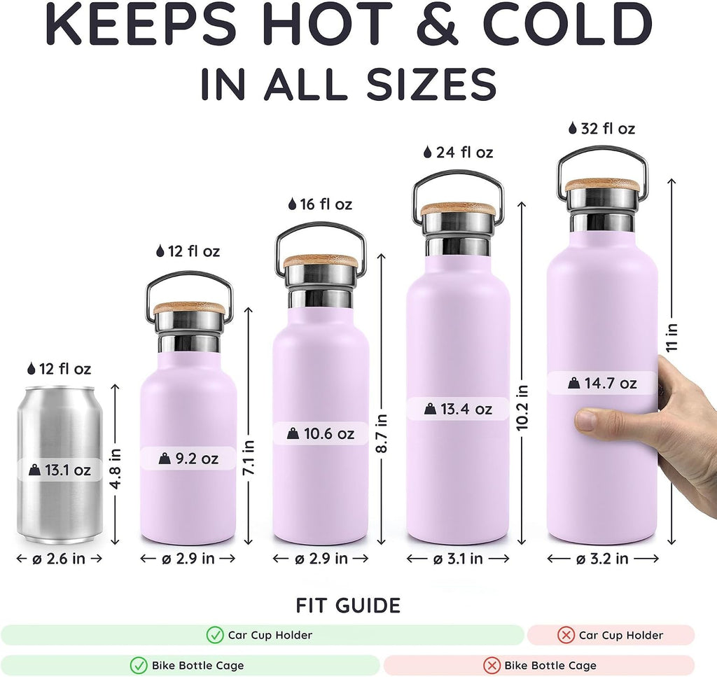 Bambaw Insulated Water Bottle 32 oz, Leak-Proof Water Bottle Stainless Steel, Keeps Drinks Cold for 24h Cold and Hot for 12h, With a Wide Mouth for Easy Cleaning & To Fit a Tea Infuser (Lavender Haze)
