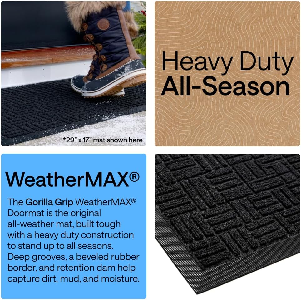 GORILLA GRIP WeatherMAX Door Mat, Indoor Outdoor Use, 29x17, Black Maze