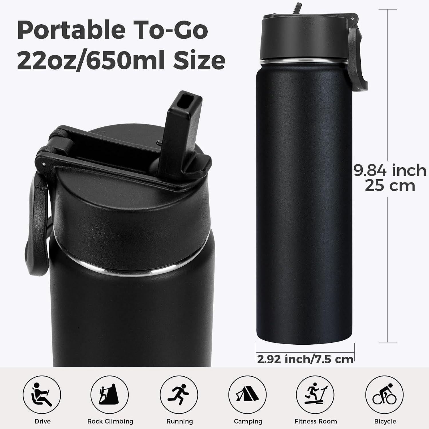 Neihepal 22 oz Insulated Water Bottle with Straw Lid, Double Walled Vacuum Stainless Steel Water Bottles Leak Proof, Wide Mouth (Black,1 Pack)