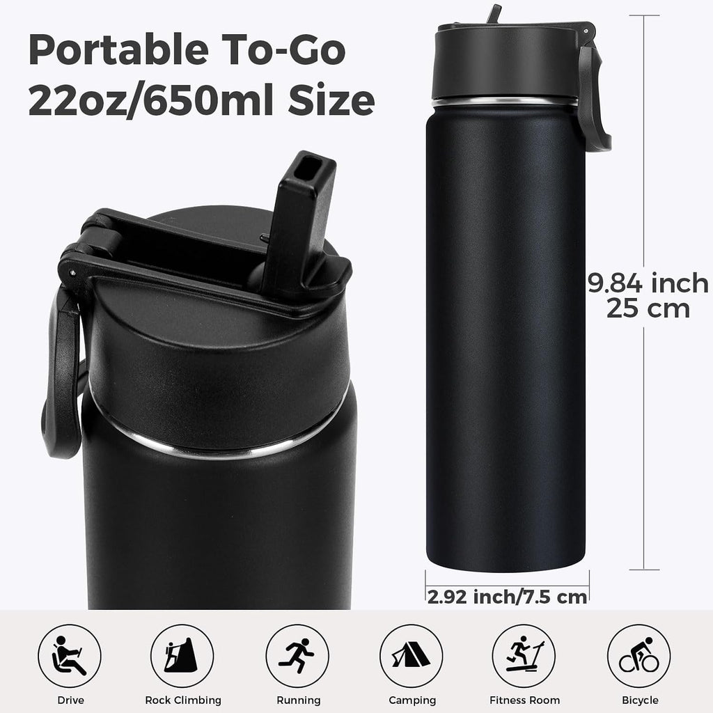 Neihepal 22 oz Insulated Water Bottles Bulk, Stainless Steel Water Bottles Bulk with Leak Proof Straw Lid, Wide Mouth Double Walled Vacuum Keeps Cold and Hot (Eight Color,8 Pack)