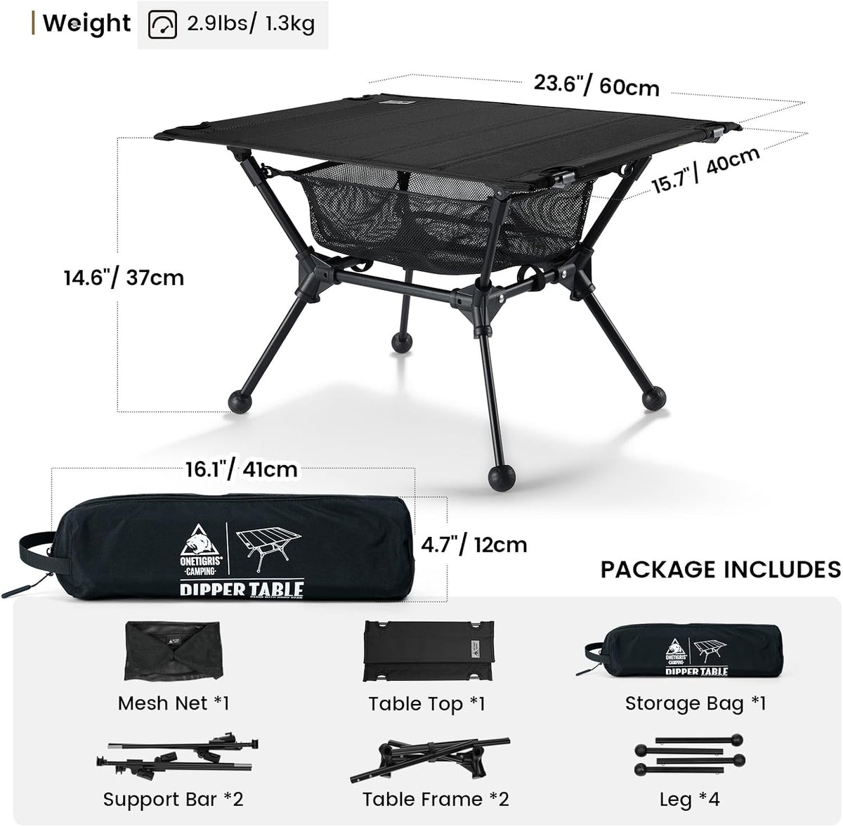 ONETIGRIS Dipper Camping Table, Lightweight Portable Folding Table with Mesh Storage Net, High/Low Options, Ideal for Camping, Hiking, Tailgating, Beach, Picnic, Travel, Backyard