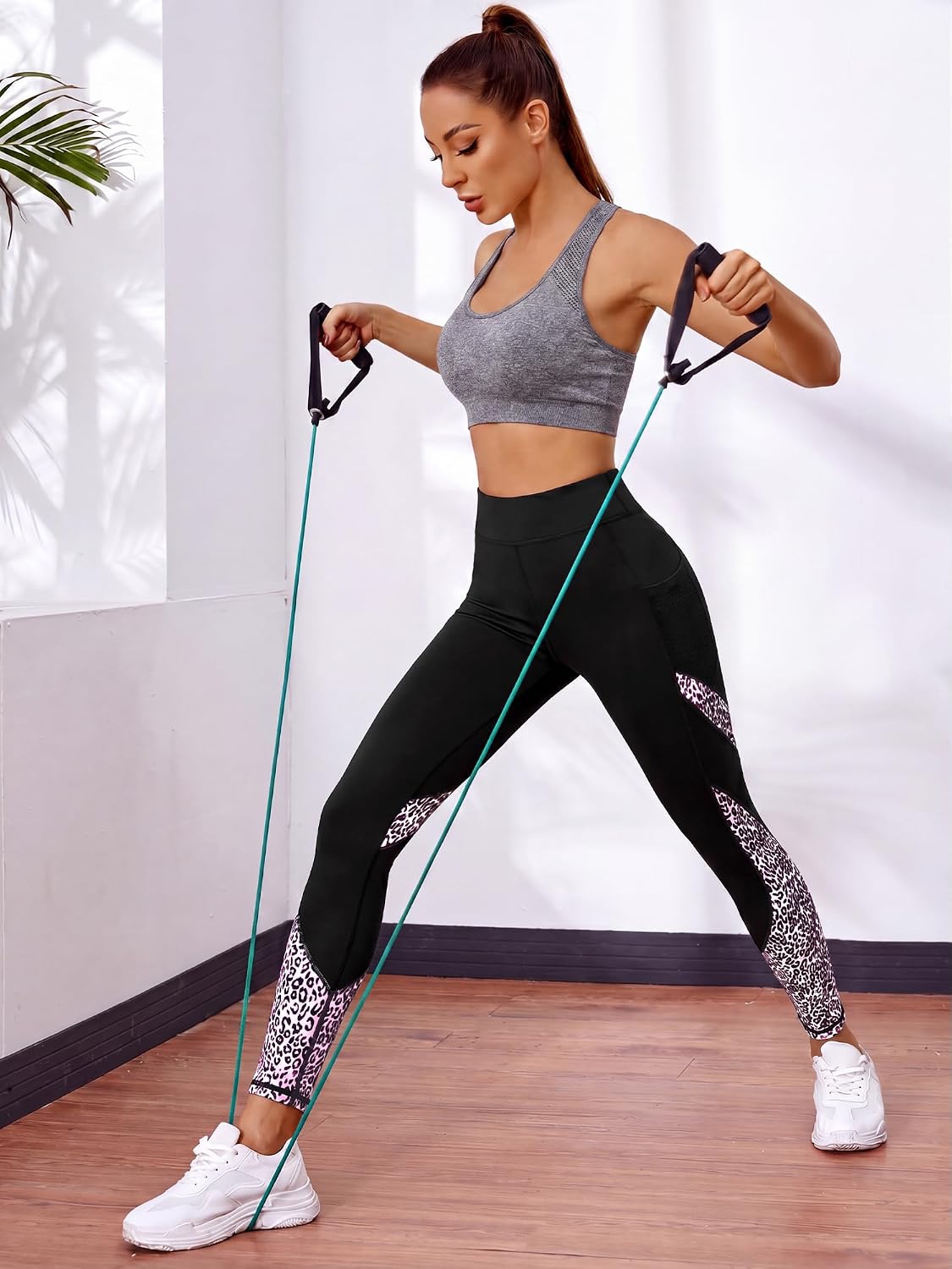 Women's High Waisted Yoga Leggings - Leopard Block Print Phone Pockets Tummy Control Workout Casual Pants