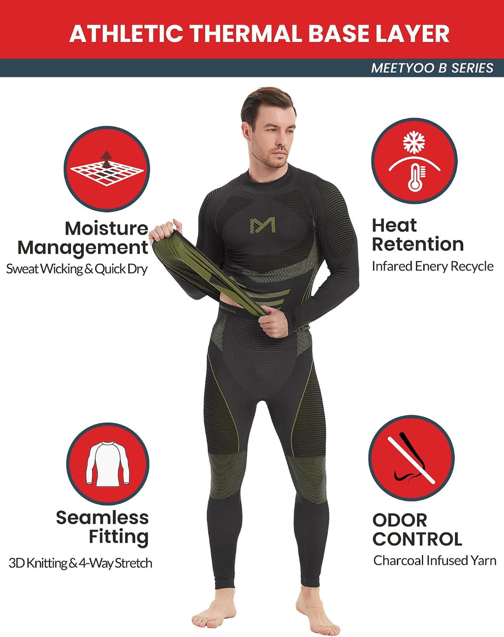 MEETYOO Thermal Underwear for Men, Winter Gear Long Johns Base Layer Top and Bottom Set for Skiing Running