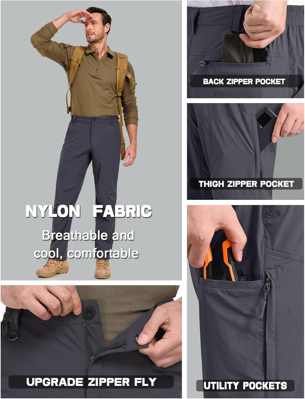SPOSULEI Mens Lightweight Cargo Hiking Outdoor Quick Dry Work Tactical Pants 6 Pockets Water Resistant Fishing Travel Pants