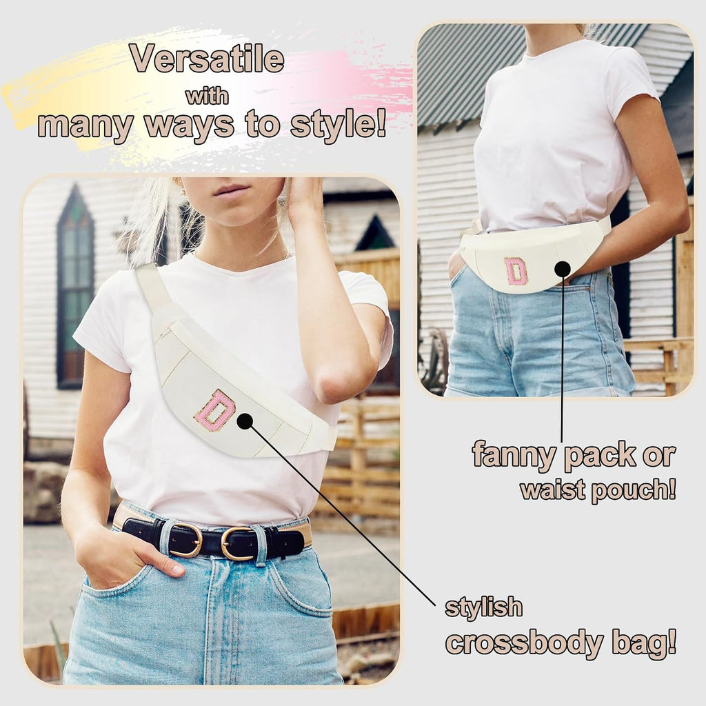 MAXTOP Birthday Gifts for Women Men,Personalized Initial Letter Patch Fanny Pack Crossbody Bag with 3-Zipper Christmas Gift Trendy Stuff for Daughter Sister Her,Beige D