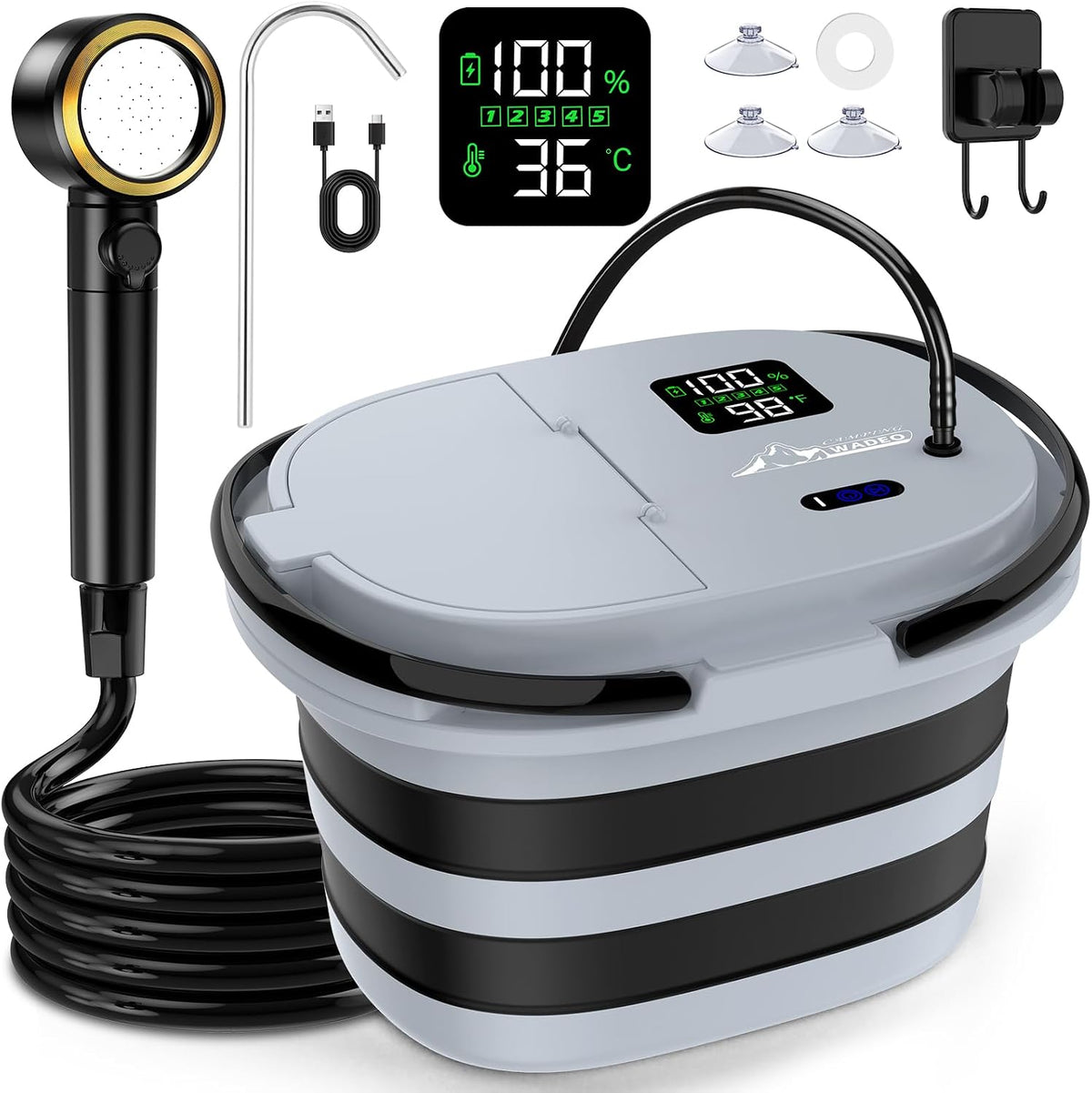 WADEO Portable Shower for Camping with 20L Bucket, 13000mAh Rechargeable