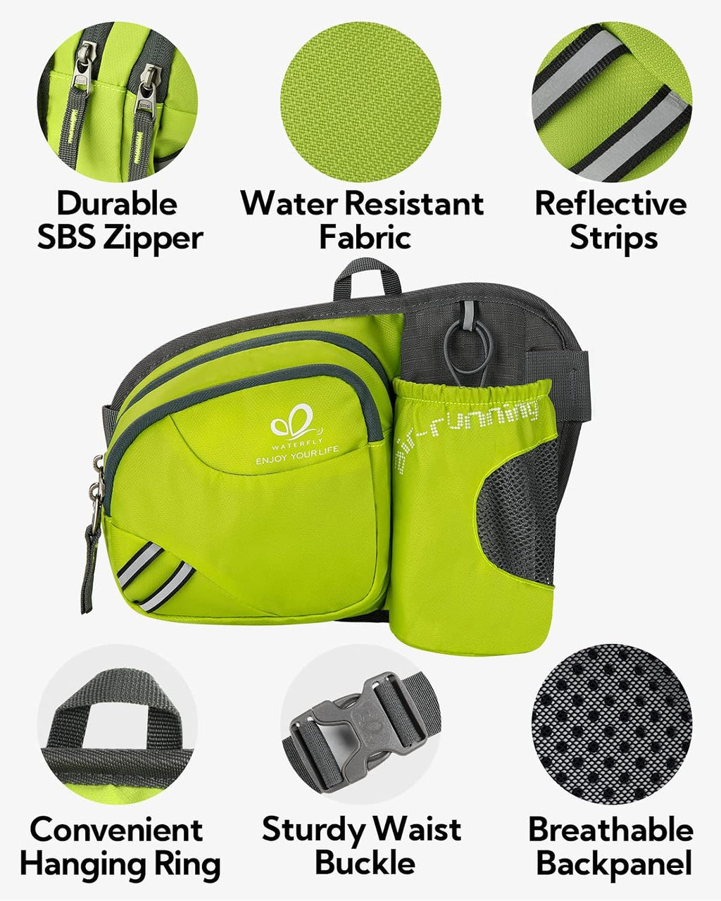 WATERFLY Fanny Pack Waist Bag: Waist Pack for Women Men with Water Bottle Holder Hiking Fanny Pack for Running Walking DogWalking Travel Cycling